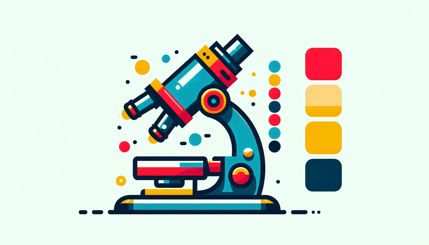 Microscope in flat illustration style and white background, red #f47574, green #88c7a8, yellow #fcc44b, and blue #645bc8 colors.