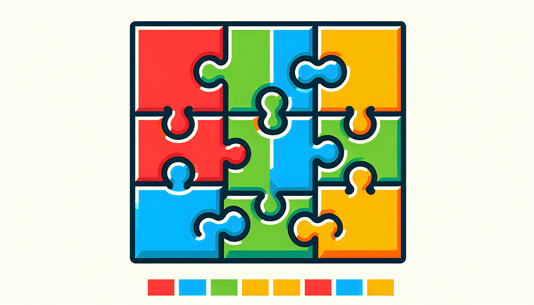 Puzzle pieces in flat illustration style and white background, red #f47574, green #88c7a8, yellow #fcc44b, and blue #645bc8 colors.