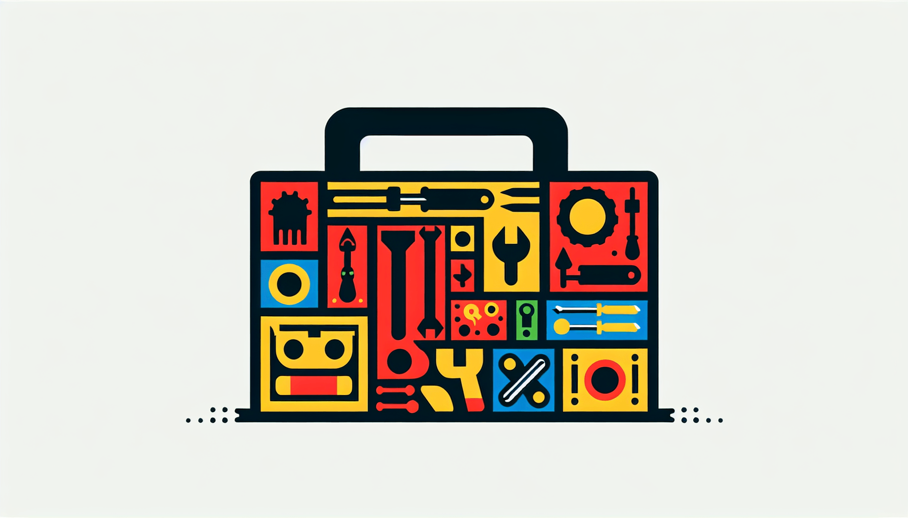 Toolbox in flat illustration style and white background, red #f47574, green #88c7a8, yellow #fcc44b, and blue #645bc8 colors.