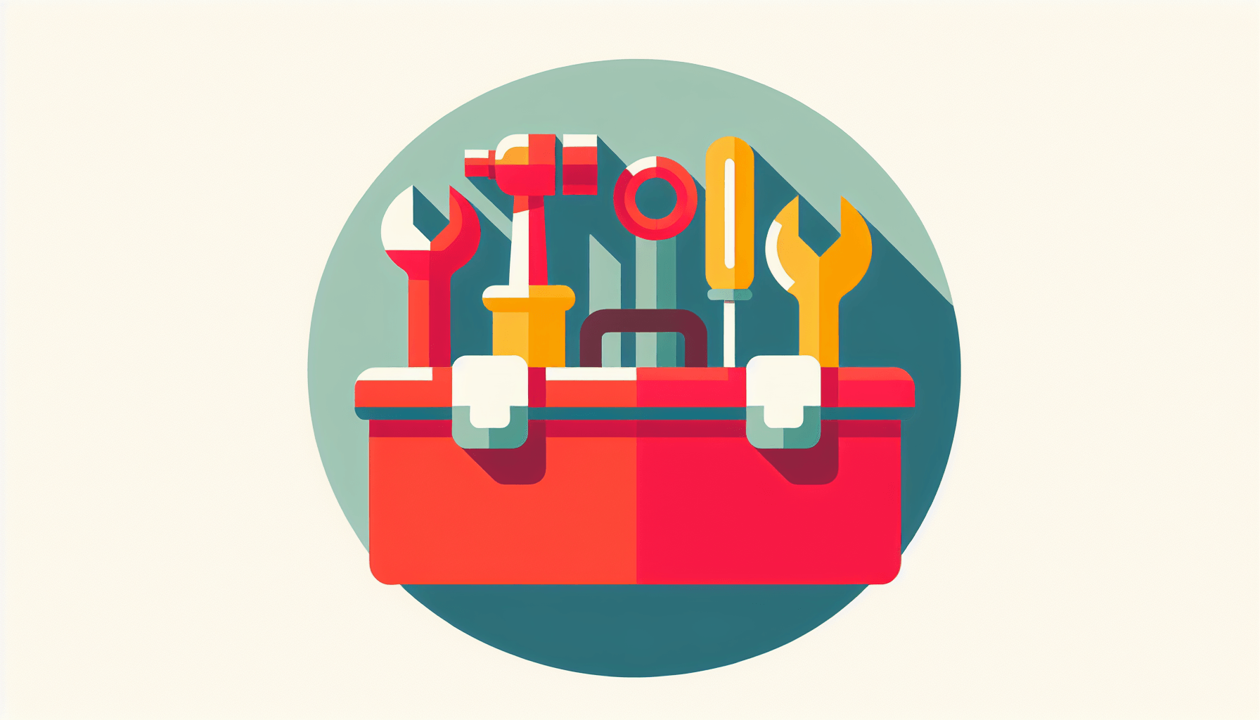 Toolkit in flat illustration style and white background, red #f47574, green #88c7a8, yellow #fcc44b, and blue #645bc8 colors.