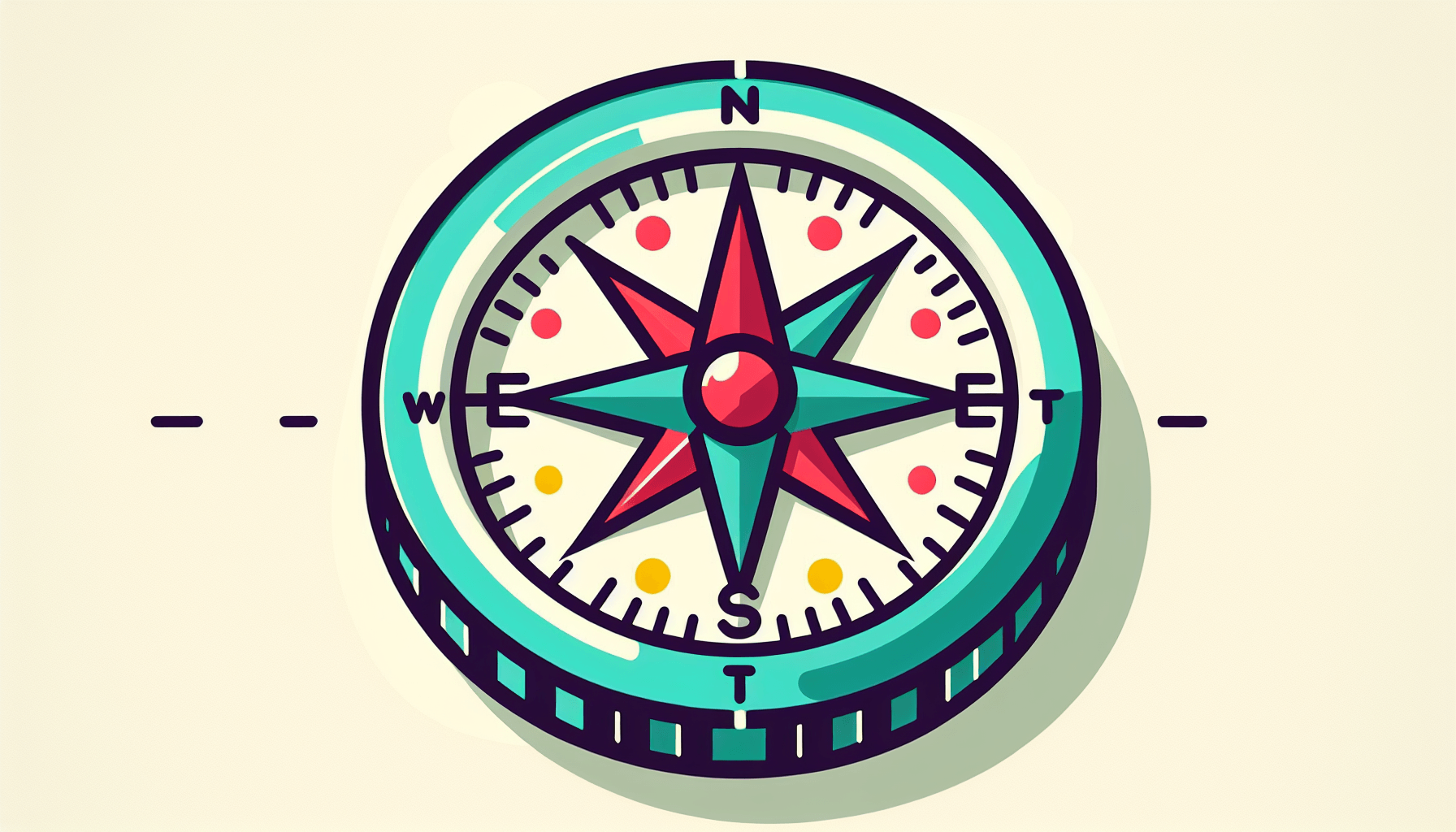 Compass in flat illustration style and white background, red #f47574, green #88c7a8, yellow #fcc44b, and blue #645bc8 colors.