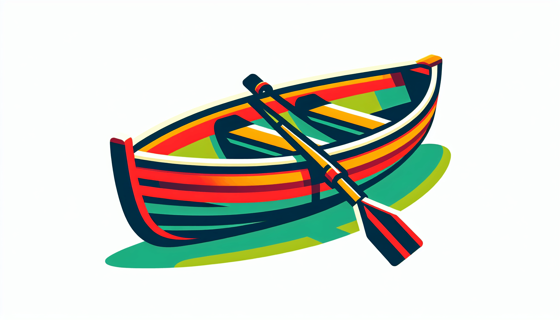 Rowboat in flat illustration style and white background, red #f47574, green #88c7a8, yellow #fcc44b, and blue #645bc8 colors.