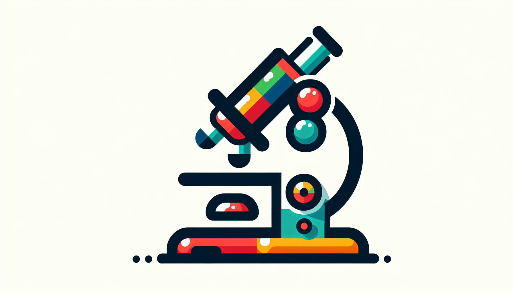 Microscope in flat illustration style and white background, red #f47574, green #88c7a8, yellow #fcc44b, and blue #645bc8 colors.