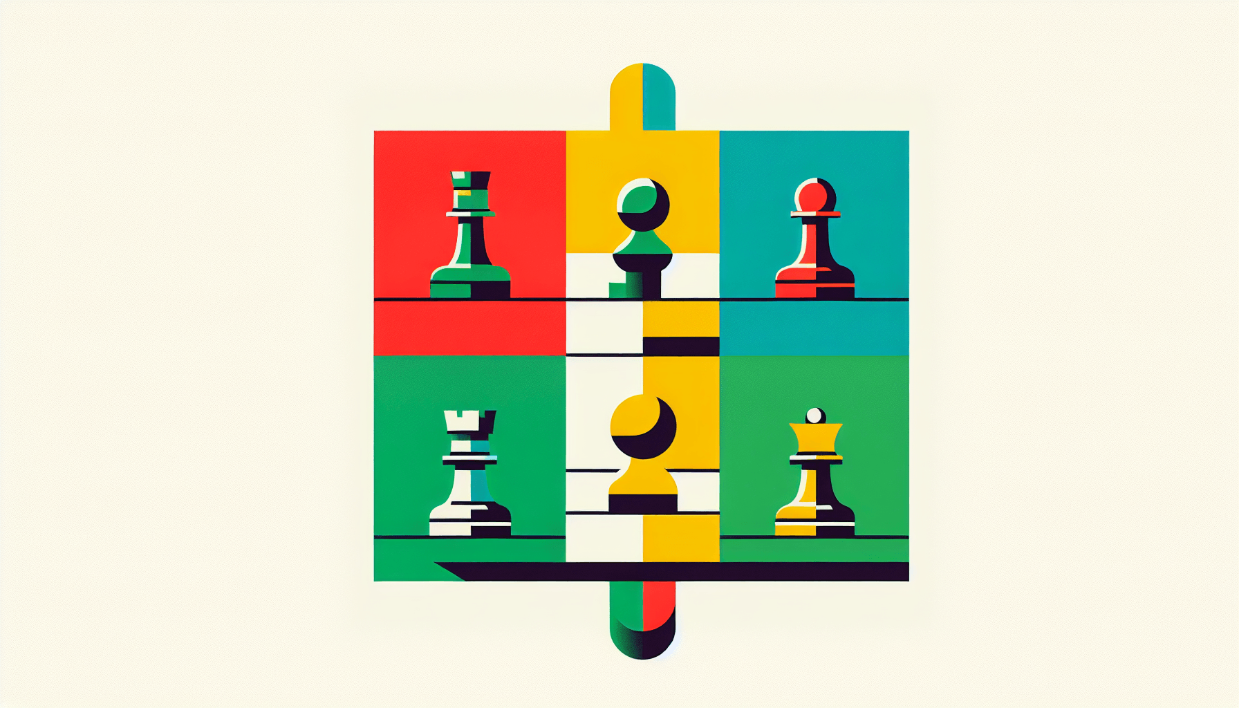 Chessboard in flat illustration style and white background, red #f47574, green #88c7a8, yellow #fcc44b, and blue #645bc8 colors.