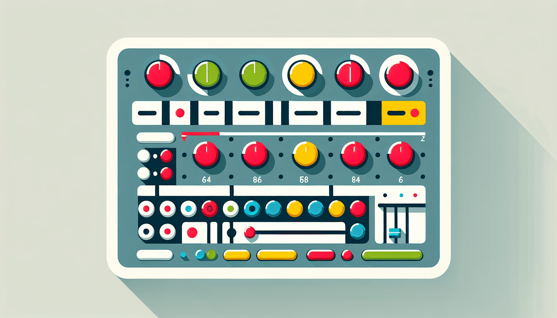 Control panel in flat illustration style and white background, red #f47574, green #88c7a8, yellow #fcc44b, and blue #645bc8 colors.