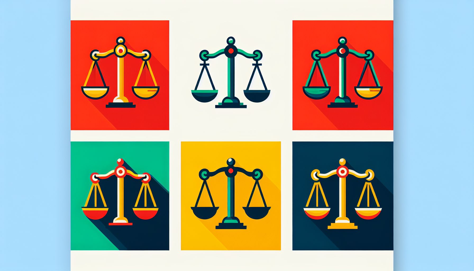 Scales in flat illustration style and white background, red #f47574, green #88c7a8, yellow #fcc44b, and blue #645bc8 colors.