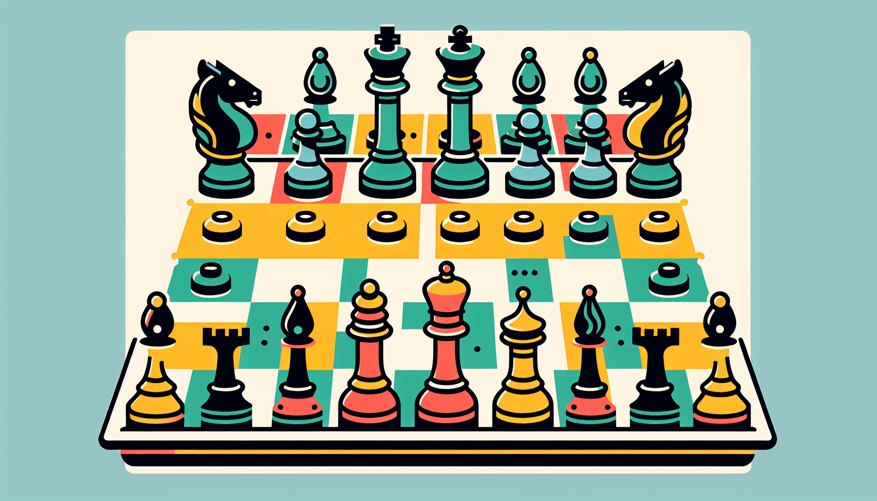 Chessboard in flat illustration style and white background, red #f47574, green #88c7a8, yellow #fcc44b, and blue #645bc8 colors.