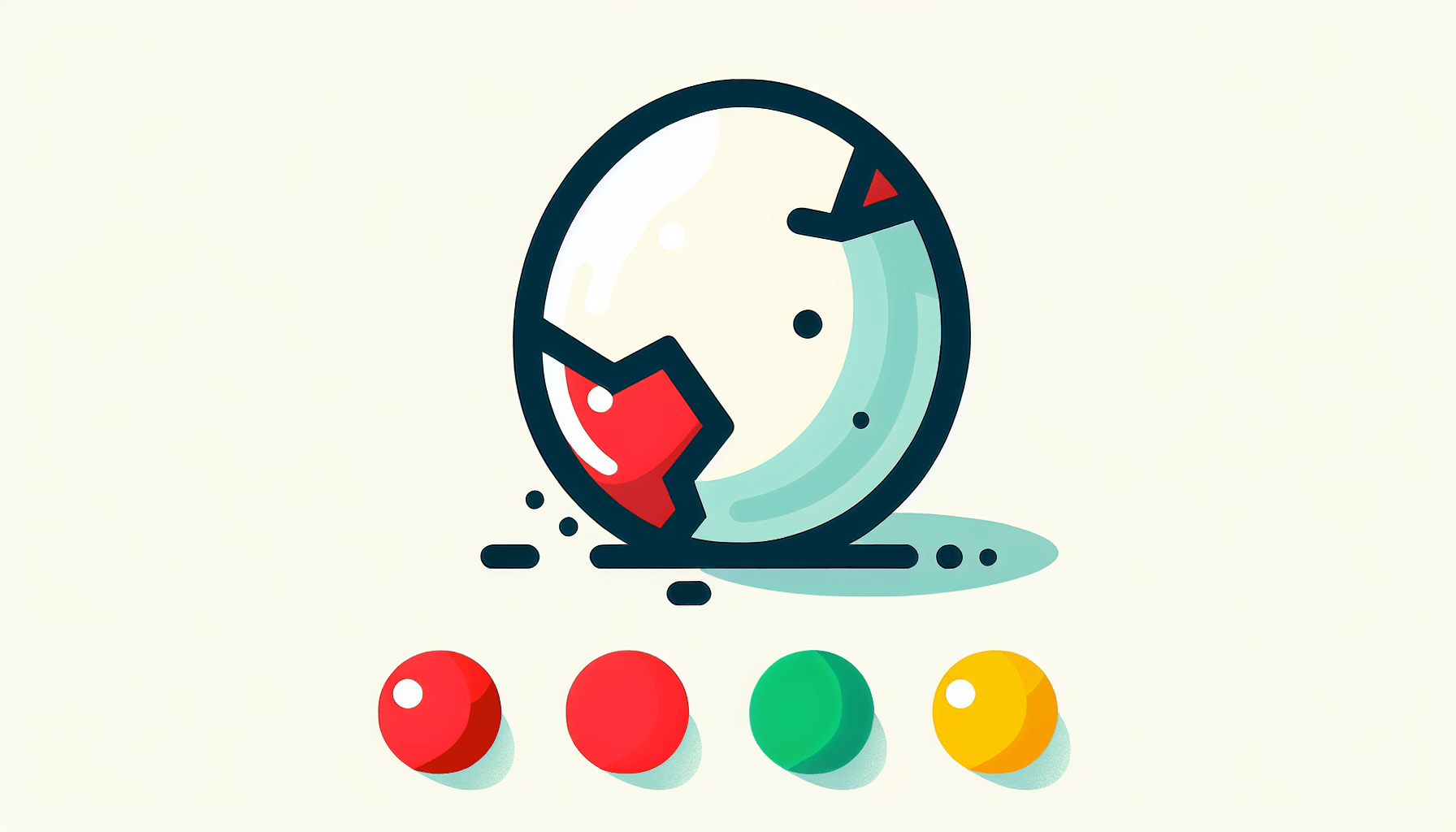 Cracked egg in flat illustration style and white background, red #f47574, green #88c7a8, yellow #fcc44b, and blue #645bc8 colors.