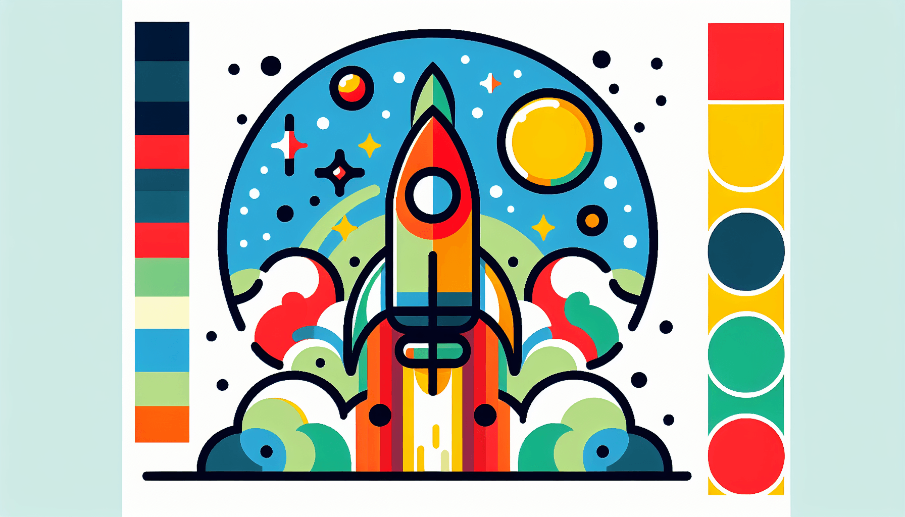 Rocket in flat illustration style and white background, red #f47574, green #88c7a8, yellow #fcc44b, and blue #645bc8 colors.