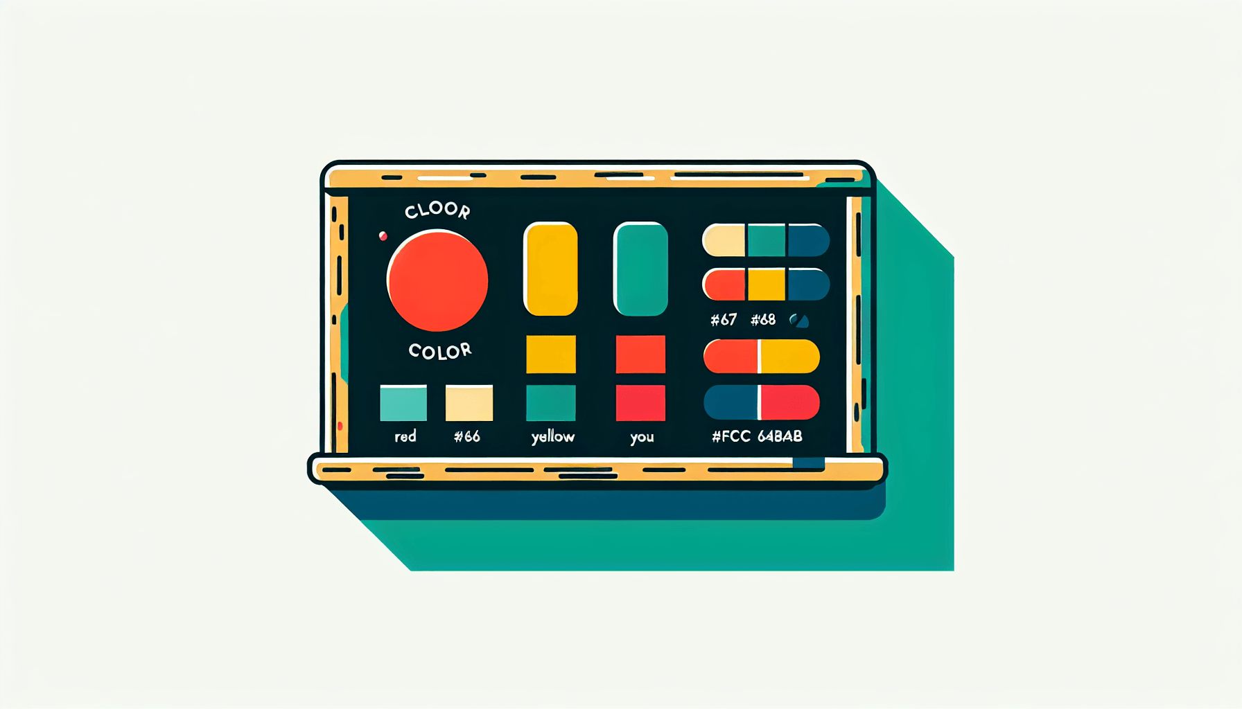 Chalkboard in flat illustration style and white background, red #f47574, green #88c7a8, yellow #fcc44b, and blue #645bc8 colors.
