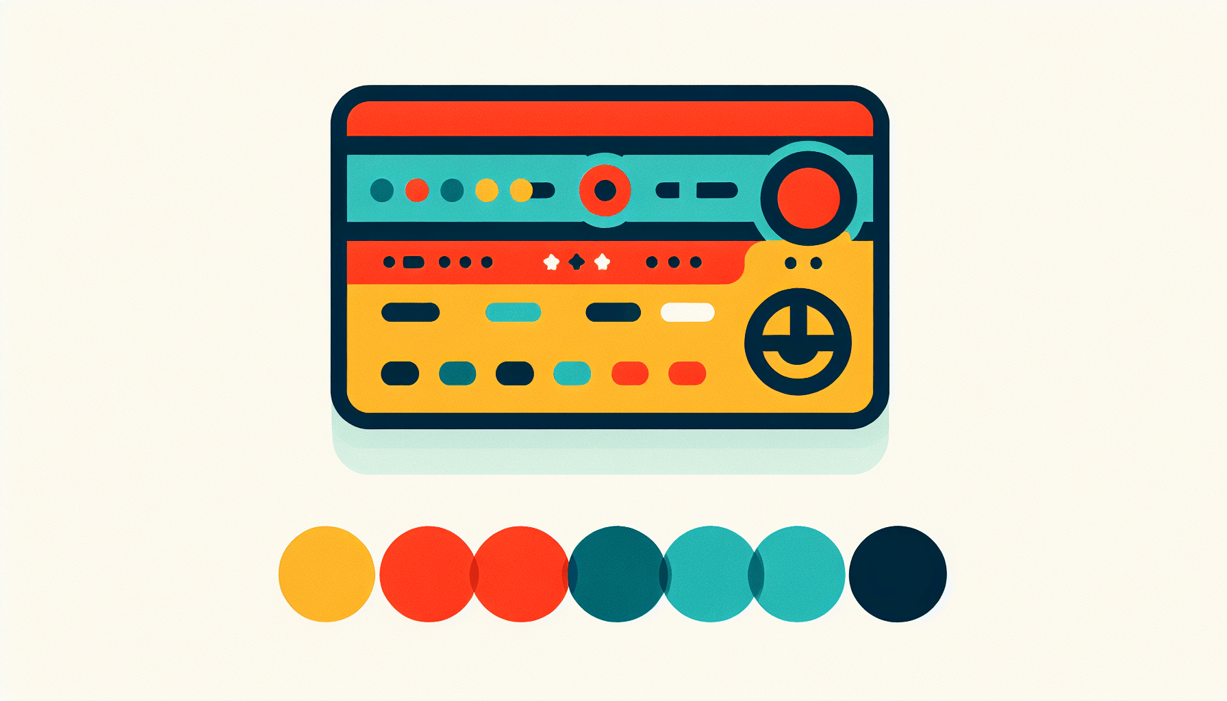 Loyalty card in flat illustration style and white background, red #f47574, green #88c7a8, yellow #fcc44b, and blue #645bc8 colors.
