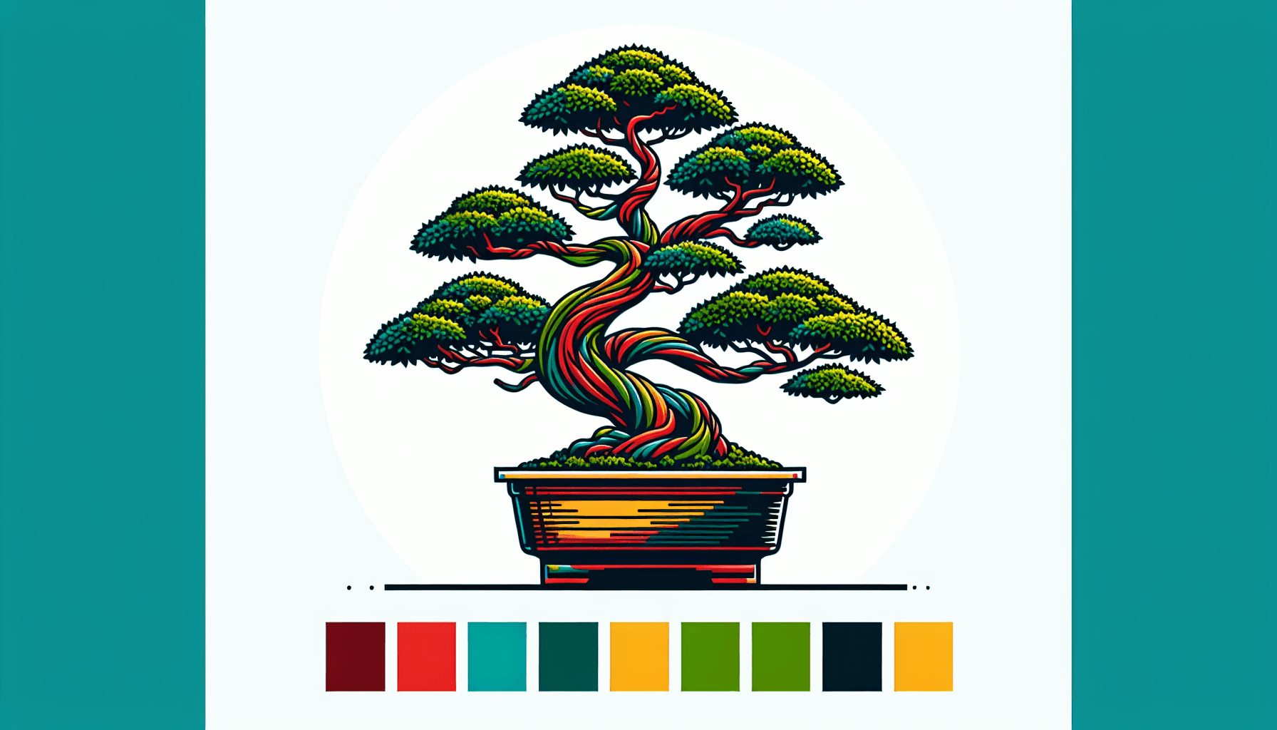 Bonsai in flat illustration style and white background, red #f47574, green #88c7a8, yellow #fcc44b, and blue #645bc8 colors.