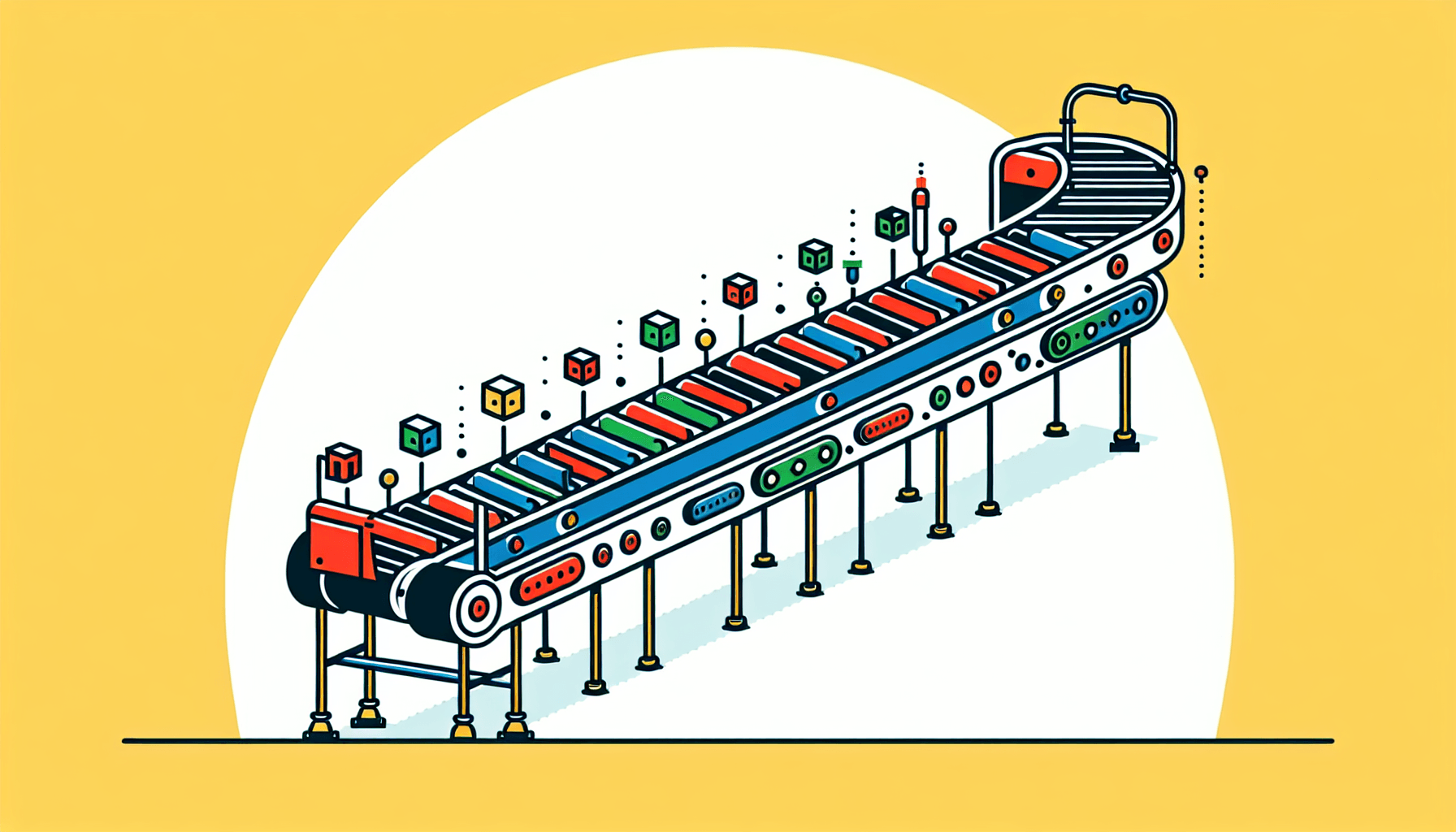 Conveyor belt in flat illustration style and white background, red #f47574, green #88c7a8, yellow #fcc44b, and blue #645bc8 colors.