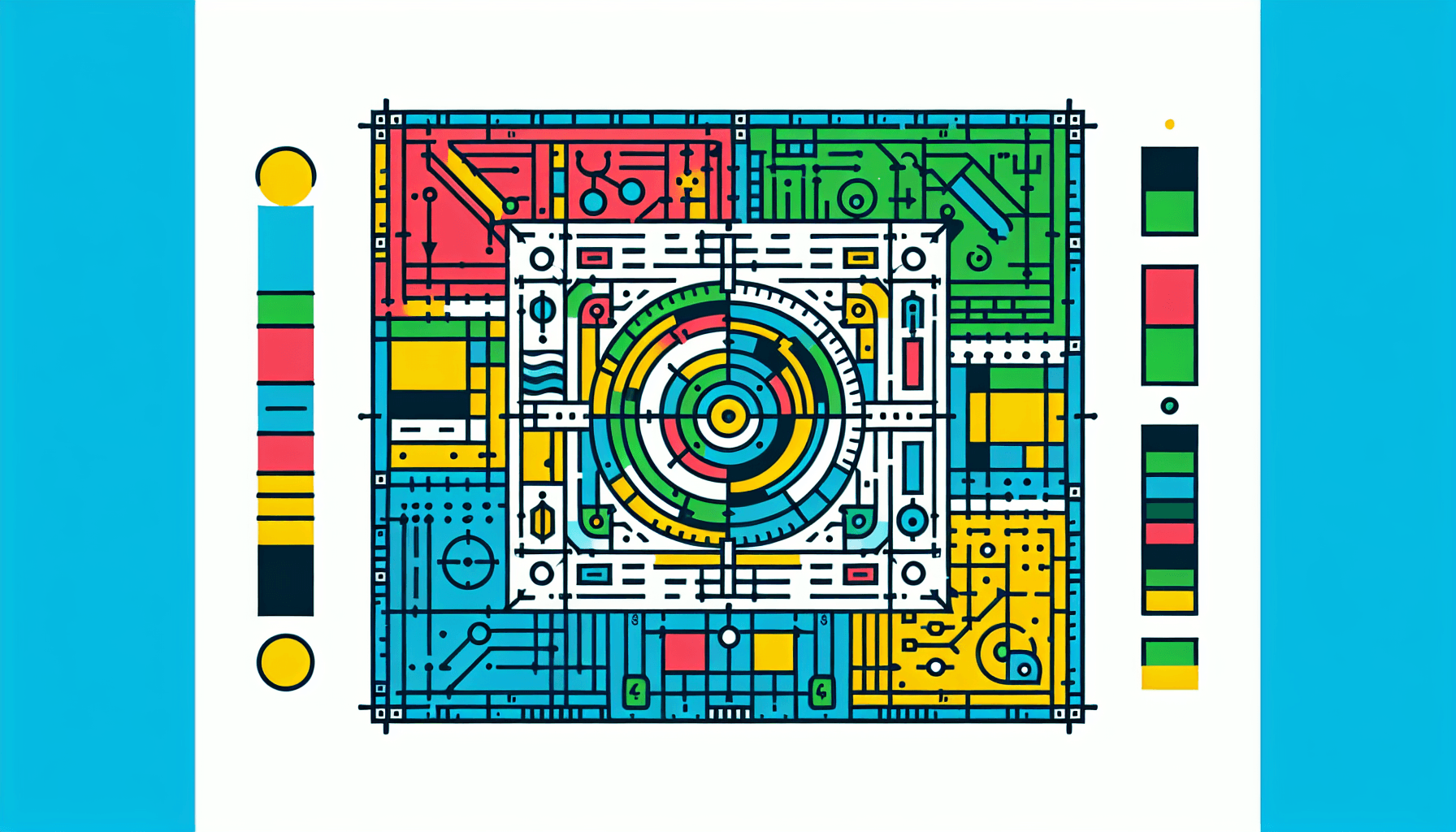 Blueprint in flat illustration style and white background, red #f47574, green #88c7a8, yellow #fcc44b, and blue #645bc8 colors.