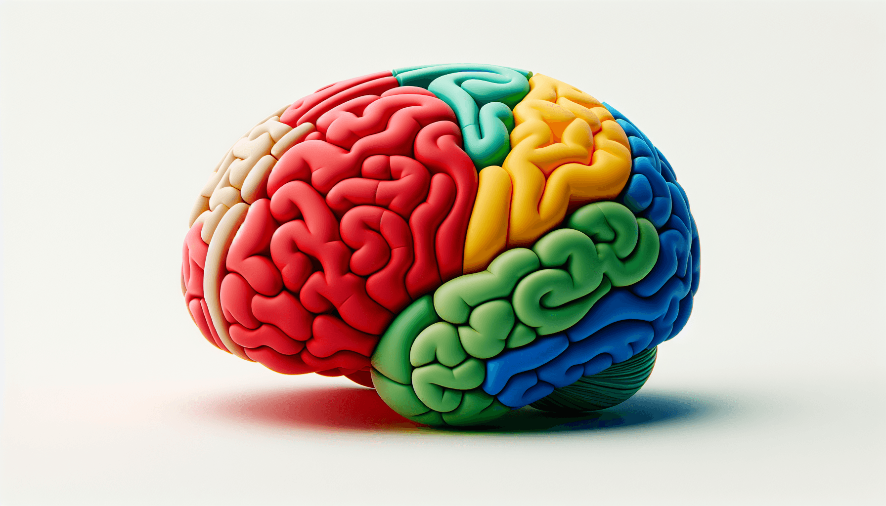 Brain model in flat illustration style and white background, red #f47574, green #88c7a8, yellow #fcc44b, and blue #645bc8 colors.