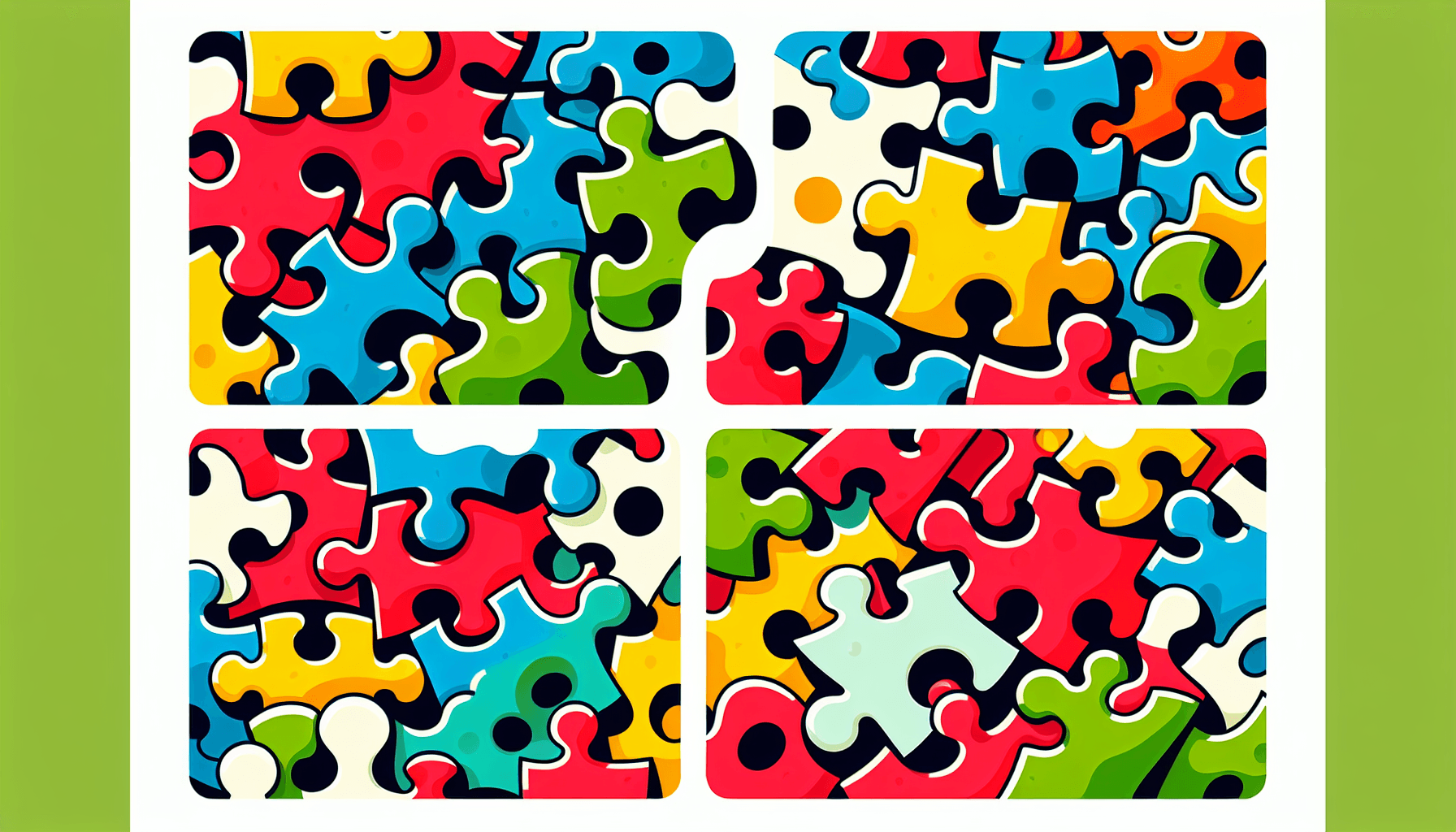 Puzzle in flat illustration style and white background, red #f47574, green #88c7a8, yellow #fcc44b, and blue #645bc8 colors.