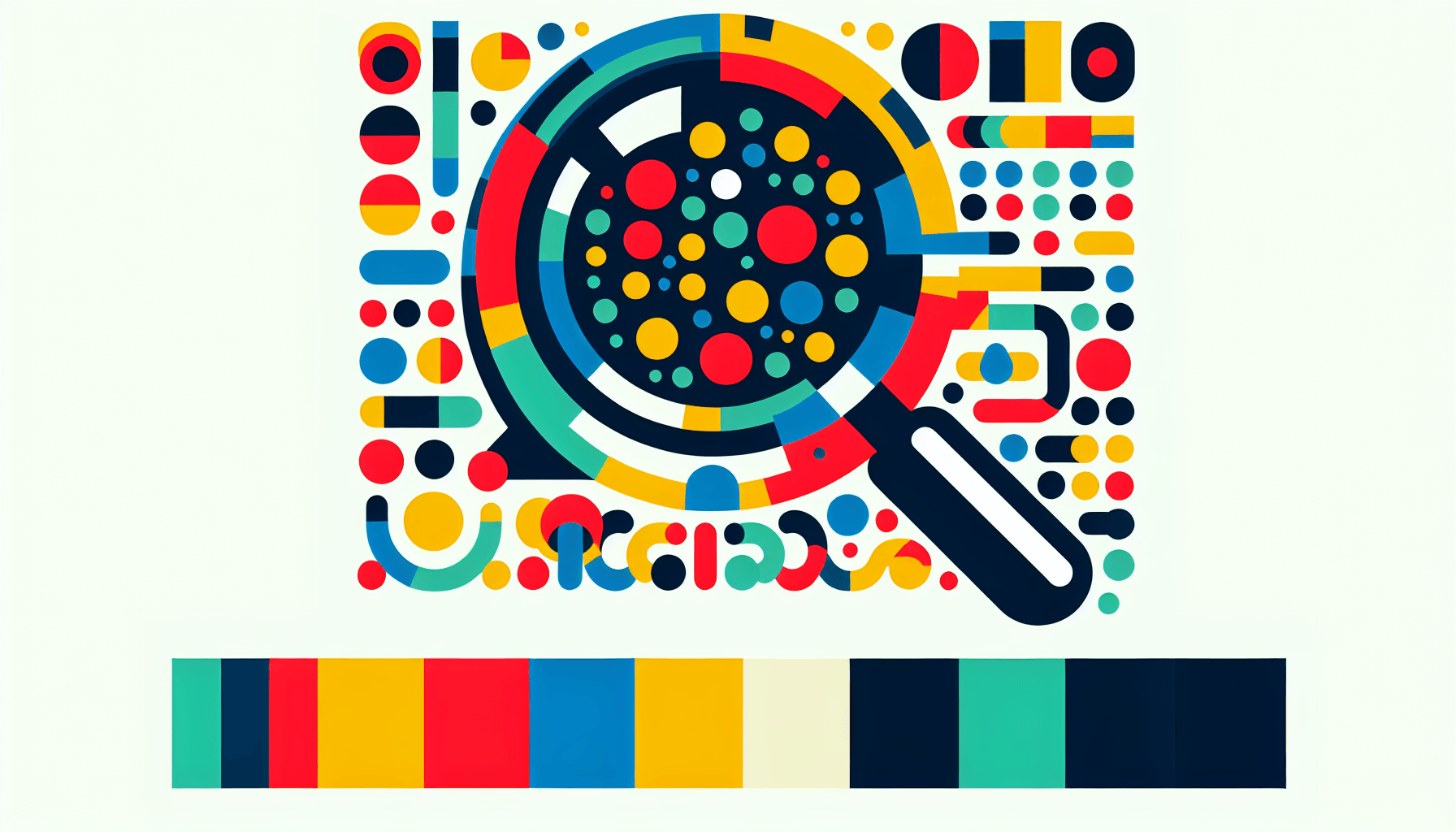 Magnifying glass in flat illustration style and white background, red #f47574, green #88c7a8, yellow #fcc44b, and blue #645bc8 colors.