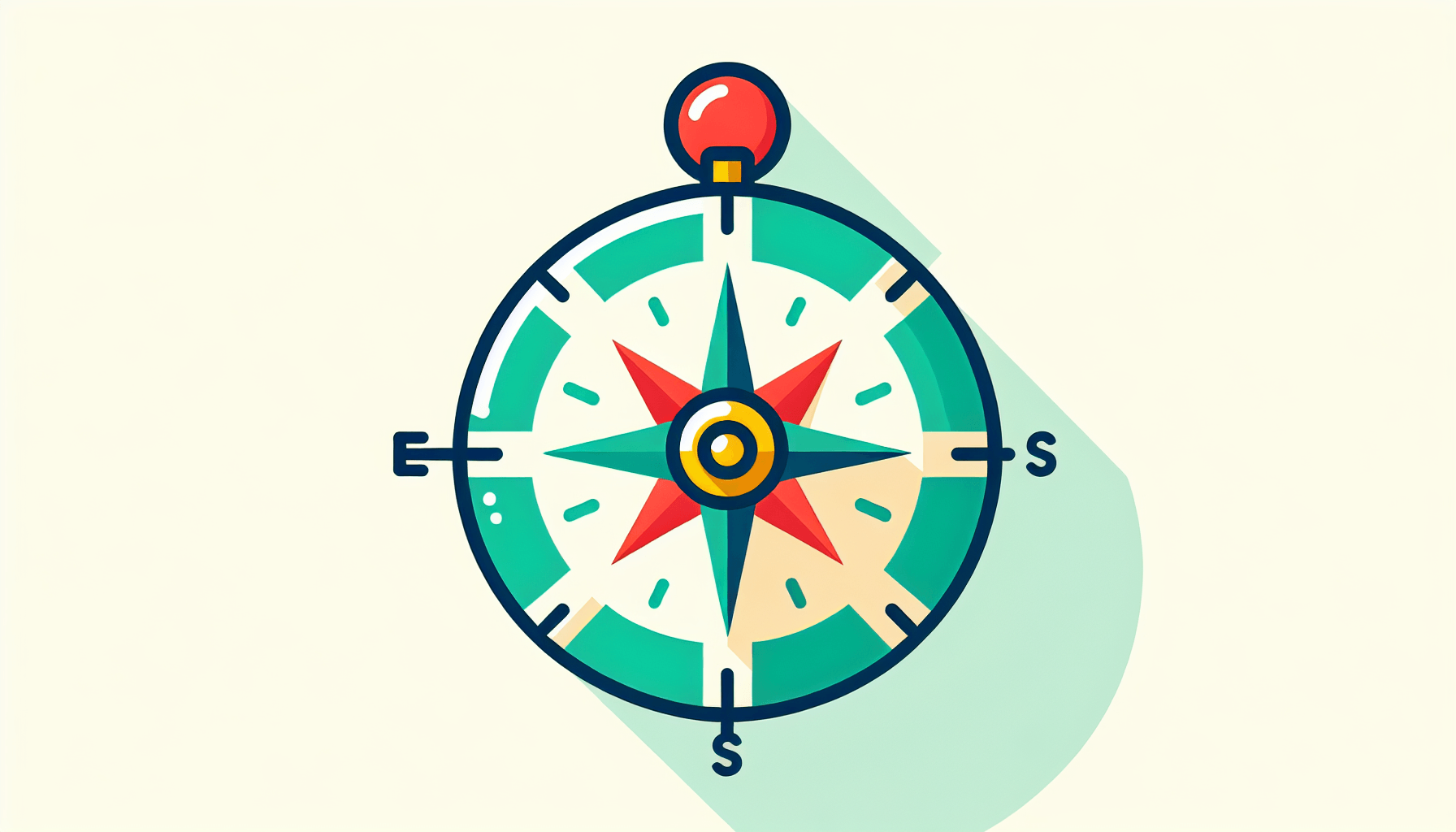 Compass in flat illustration style and white background, red #f47574, green #88c7a8, yellow #fcc44b, and blue #645bc8 colors.