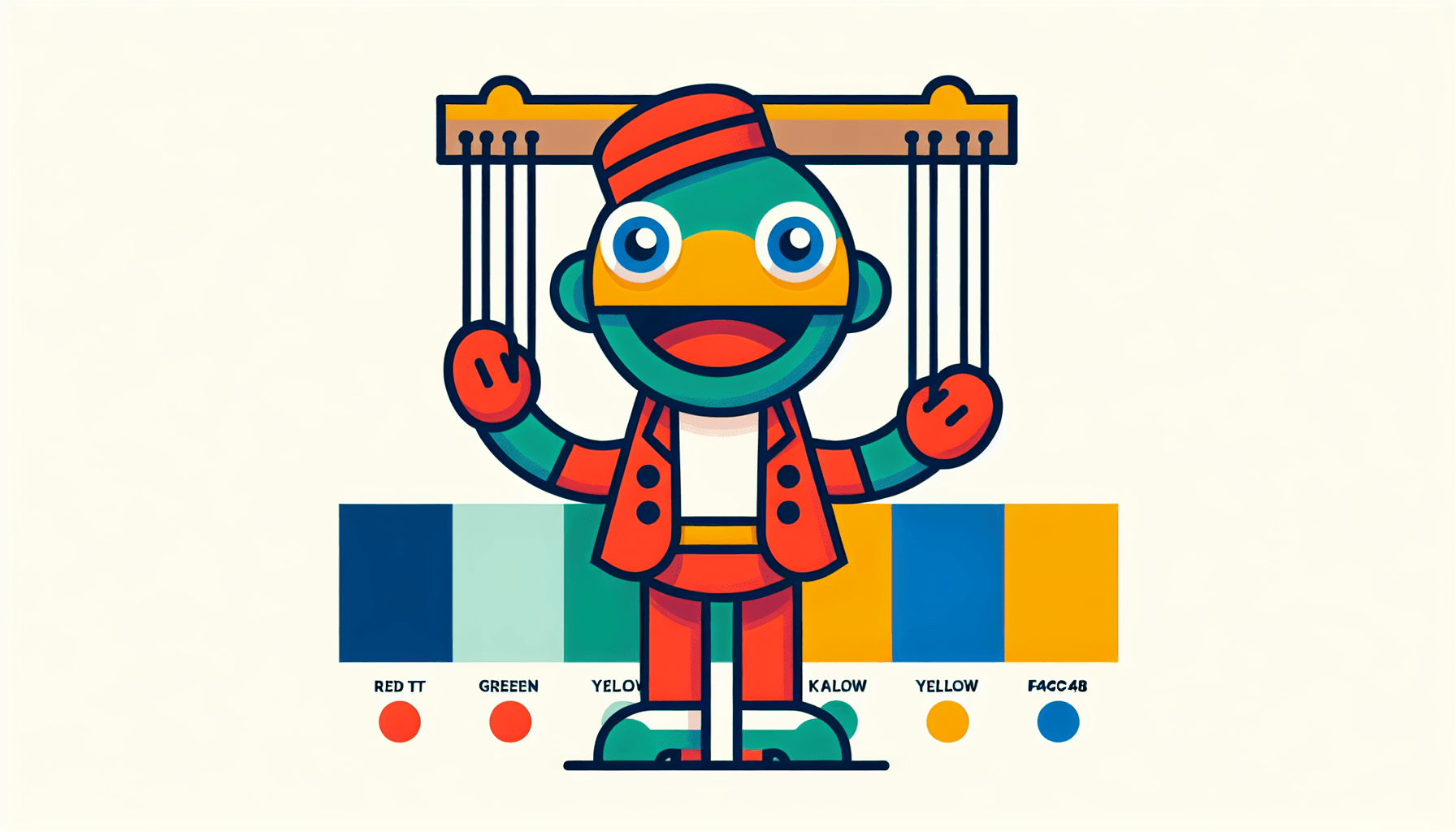 Puppet in flat illustration style and white background, red #f47574, green #88c7a8, yellow #fcc44b, and blue #645bc8 colors.