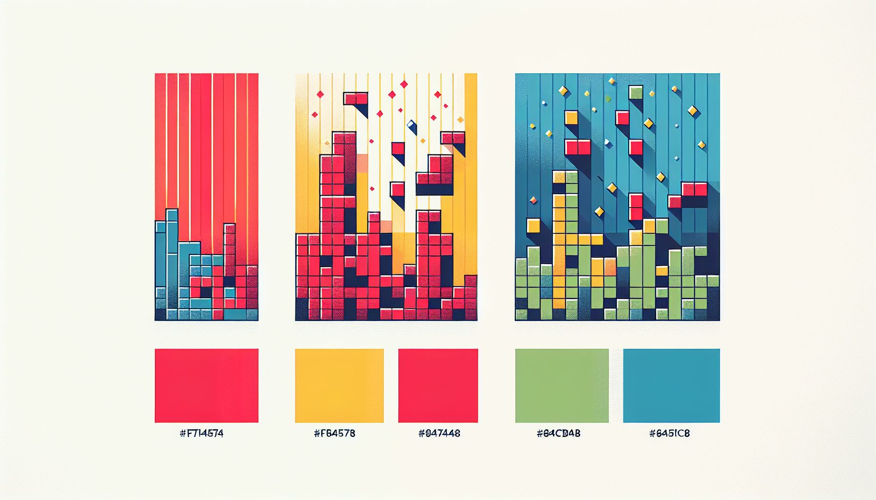 Tetris in flat illustration style and white background, red #f47574, green #88c7a8, yellow #fcc44b, and blue #645bc8 colors.
