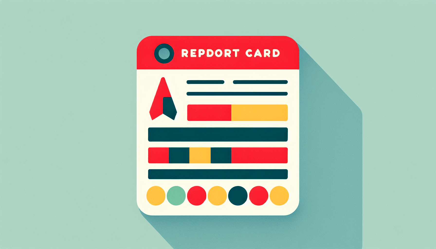 Report card in flat illustration style and white background, red #f47574, green #88c7a8, yellow #fcc44b, and blue #645bc8 colors.