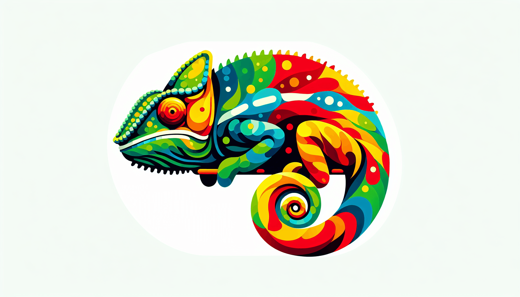 Chameleon in flat illustration style and white background, red #f47574, green #88c7a8, yellow #fcc44b, and blue #645bc8 colors.