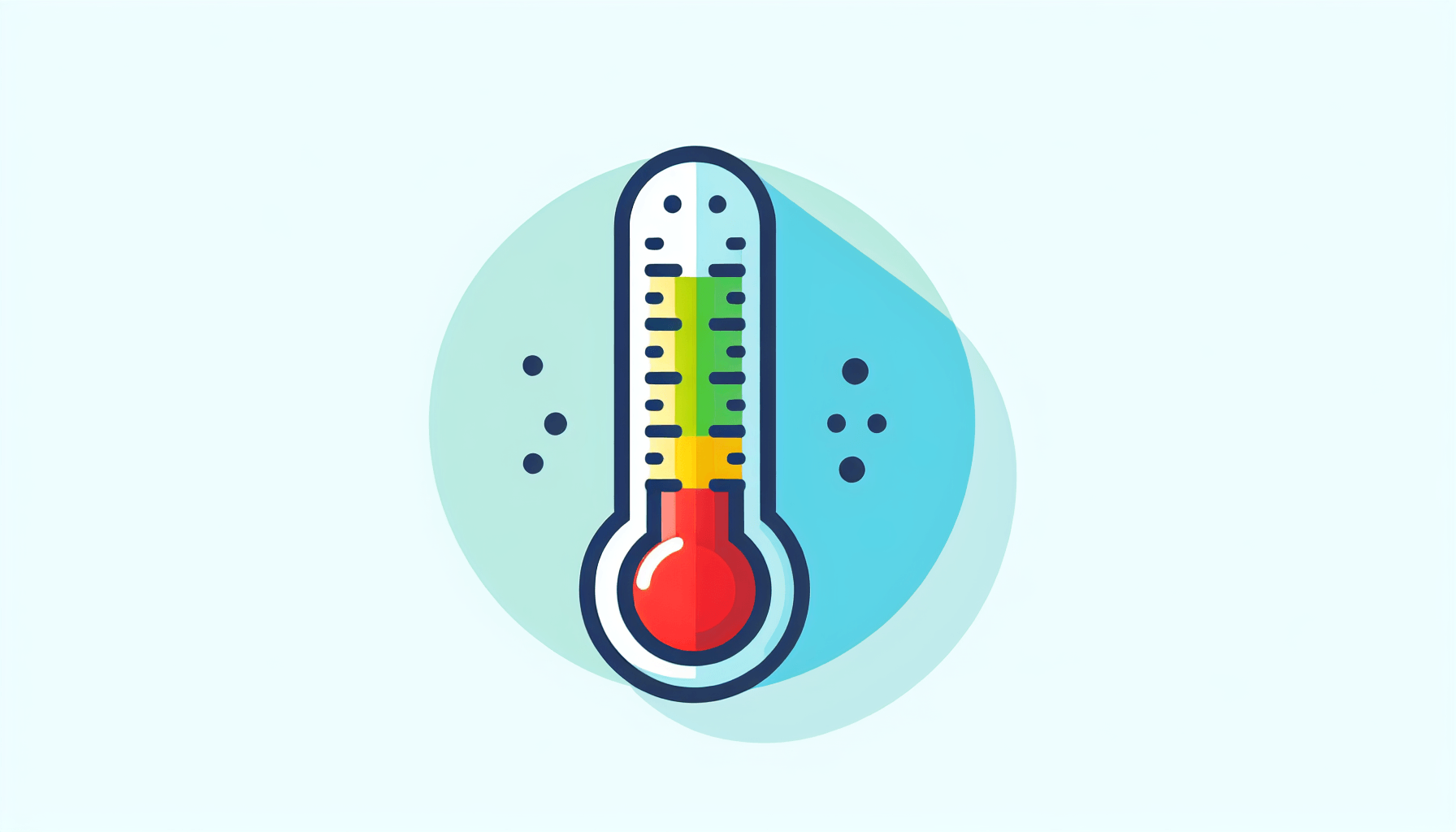 Thermometer in flat illustration style and white background, red #f47574, green #88c7a8, yellow #fcc44b, and blue #645bc8 colors.