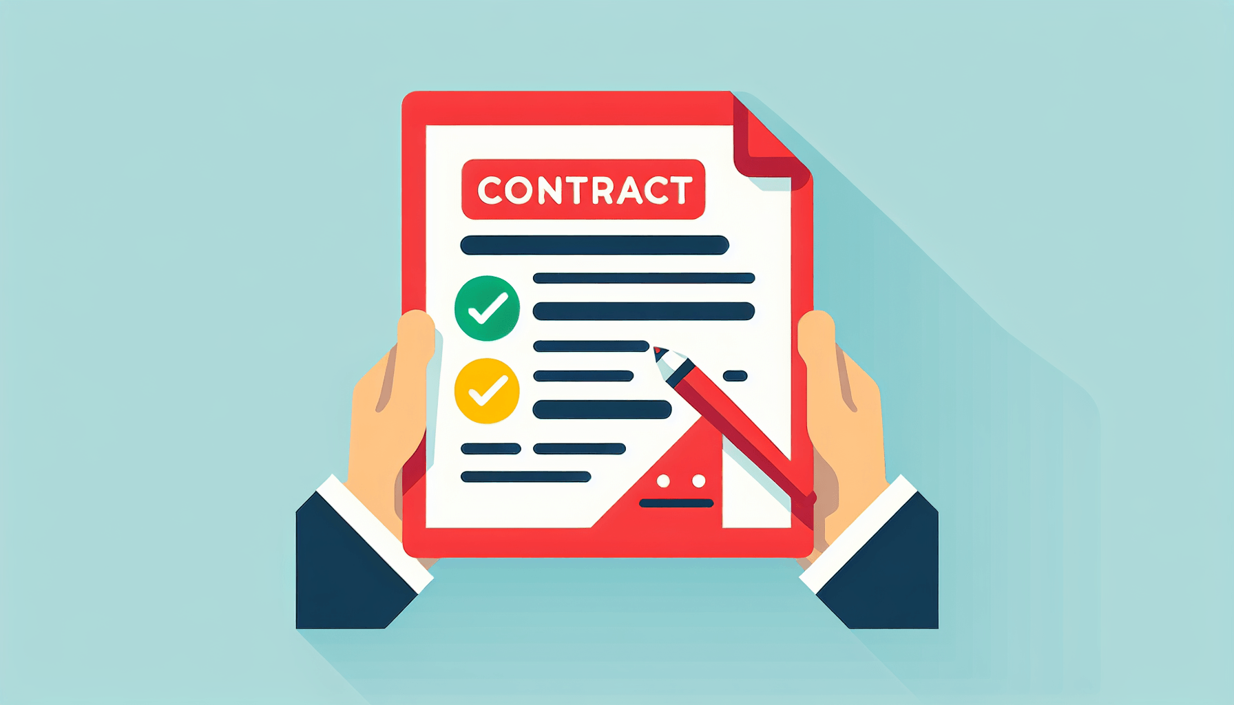 Contract in flat illustration style and white background, red #f47574, green #88c7a8, yellow #fcc44b, and blue #645bc8 colors.