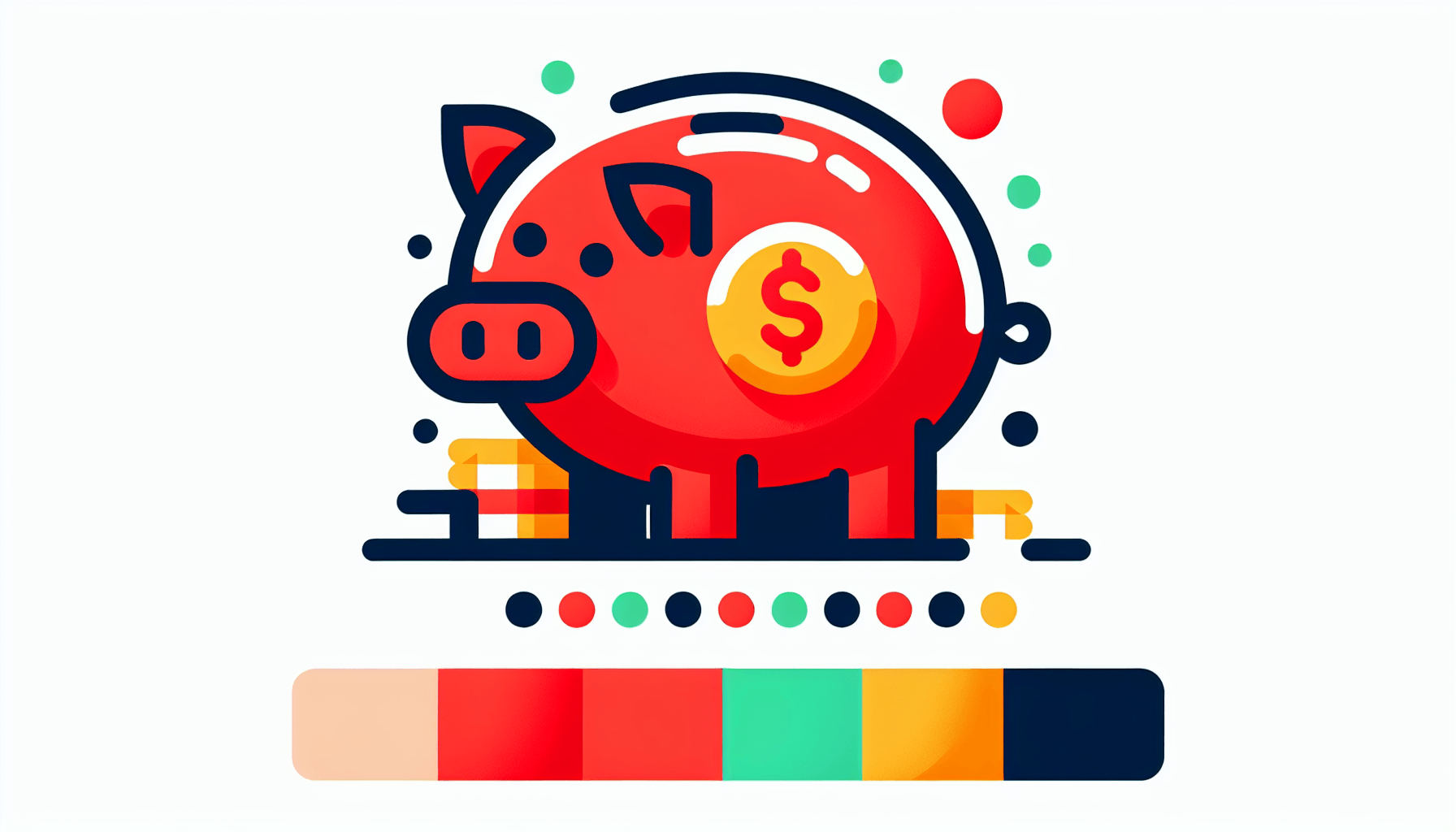 Piggy bank in flat illustration style and white background, red #f47574, green #88c7a8, yellow #fcc44b, and blue #645bc8 colors.