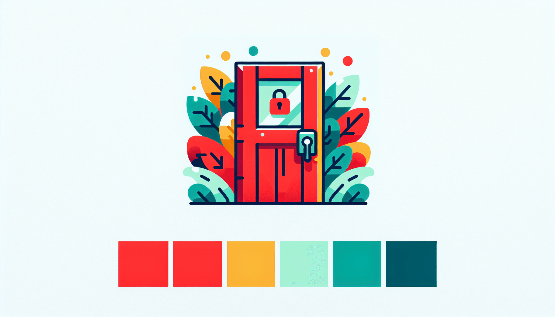 Unlocked door in flat illustration style and white background, red #f47574, green #88c7a8, yellow #fcc44b, and blue #645bc8 colors.