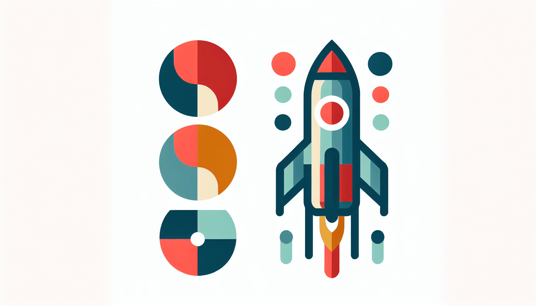 Rocket in flat illustration style and white background, red #f47574, green #88c7a8, yellow #fcc44b, and blue #645bc8 colors.