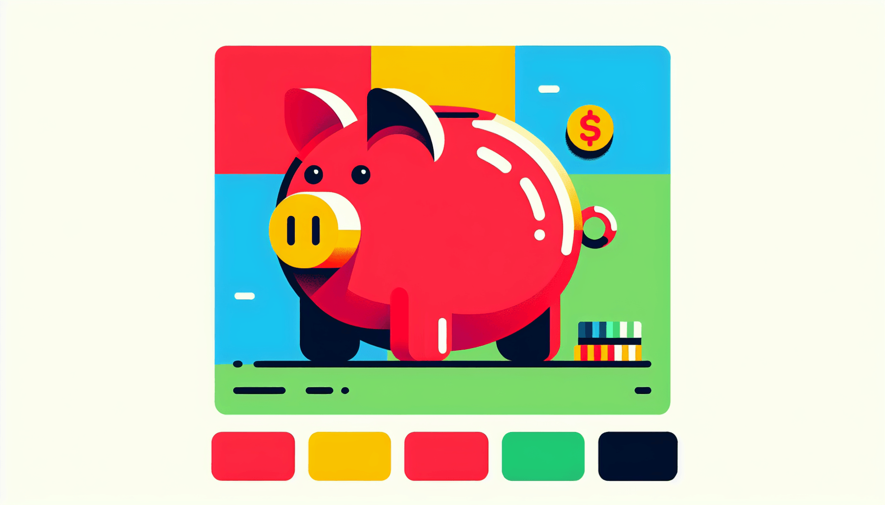 Piggy bank in flat illustration style and white background, red #f47574, green #88c7a8, yellow #fcc44b, and blue #645bc8 colors.