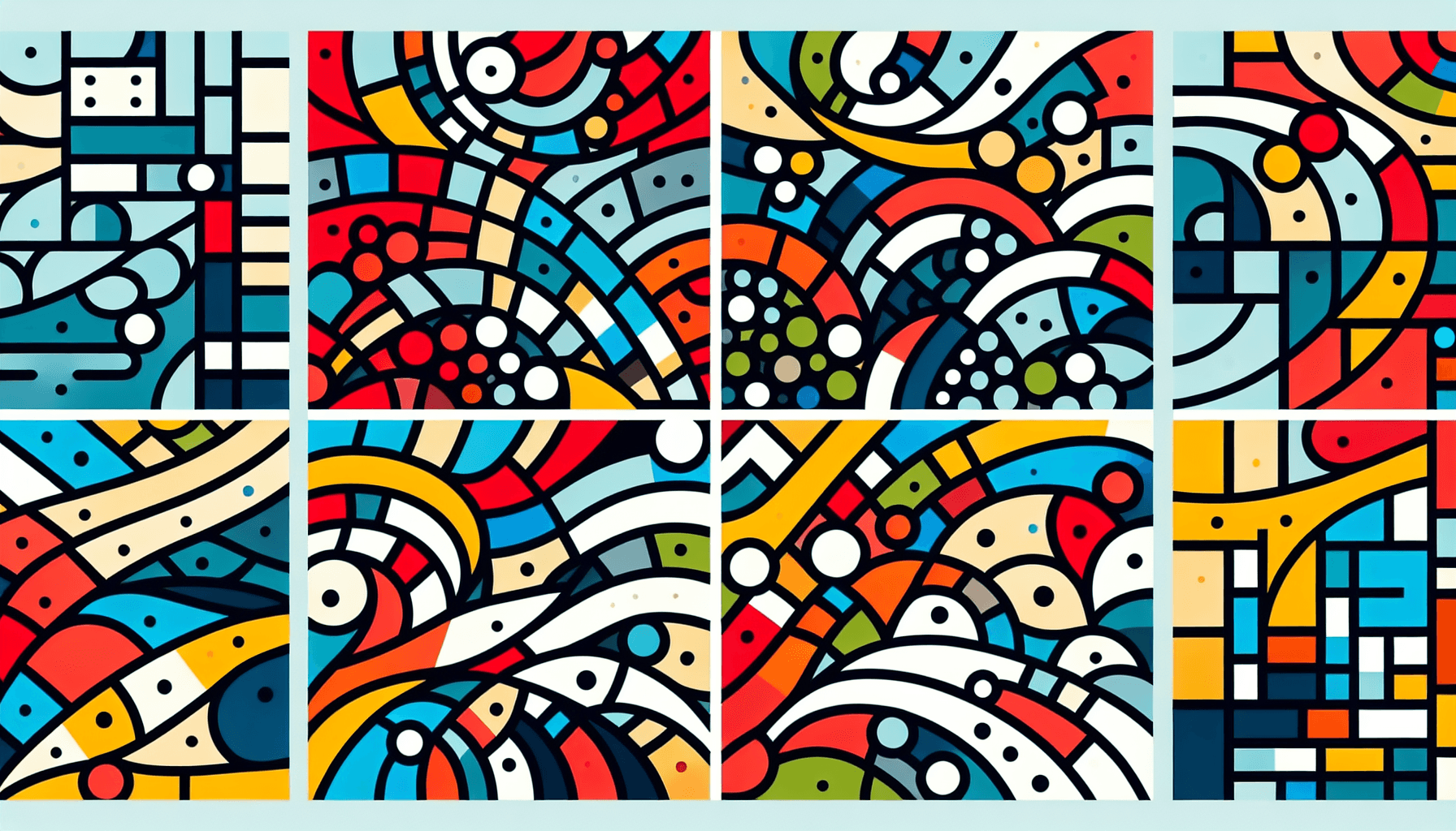 Mosaic in flat illustration style and white background, red #f47574, green #88c7a8, yellow #fcc44b, and blue #645bc8 colors.