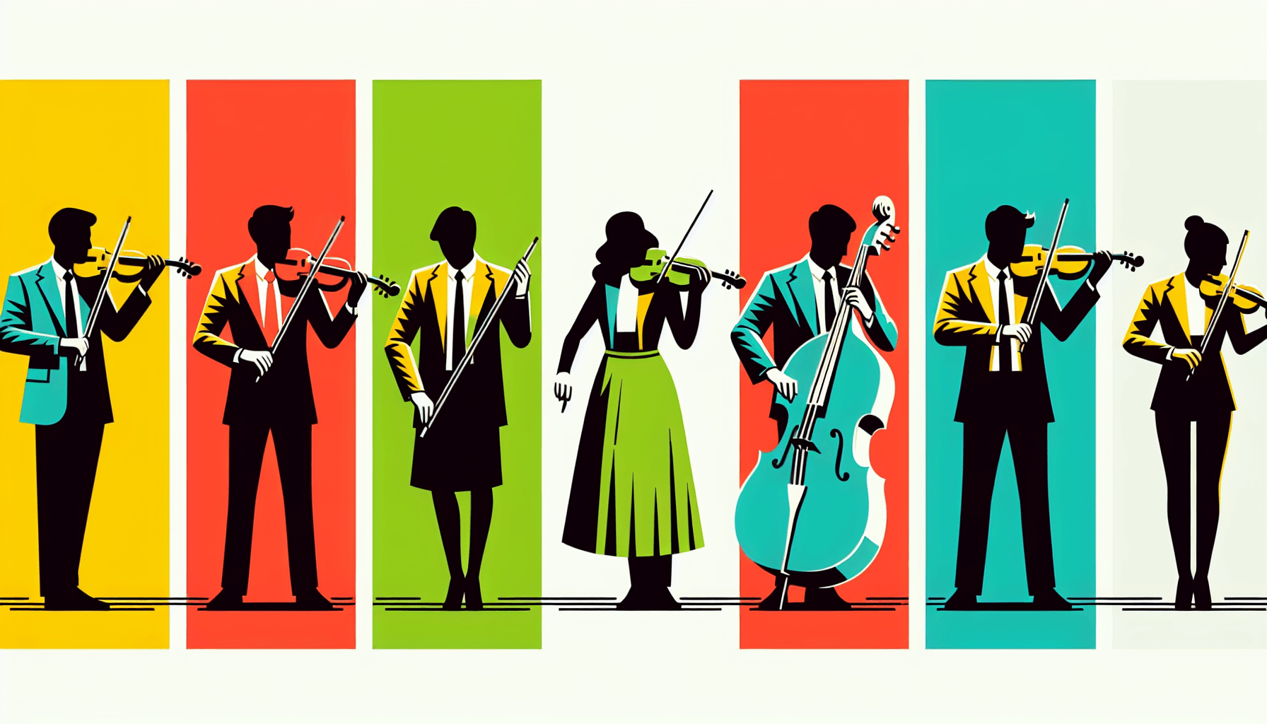 Quartet in flat illustration style and white background, red #f47574, green #88c7a8, yellow #fcc44b, and blue #645bc8 colors.
