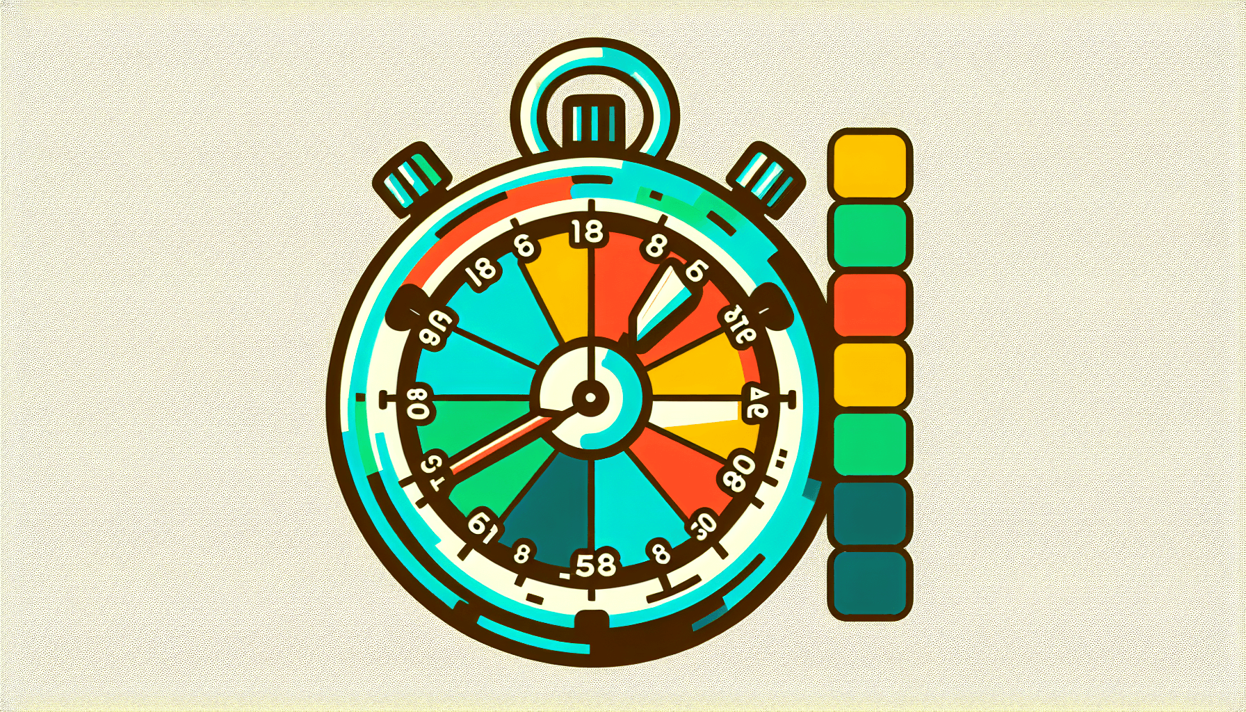 Stopwatch in flat illustration style and white background, red #f47574, green #88c7a8, yellow #fcc44b, and blue #645bc8 colors.
