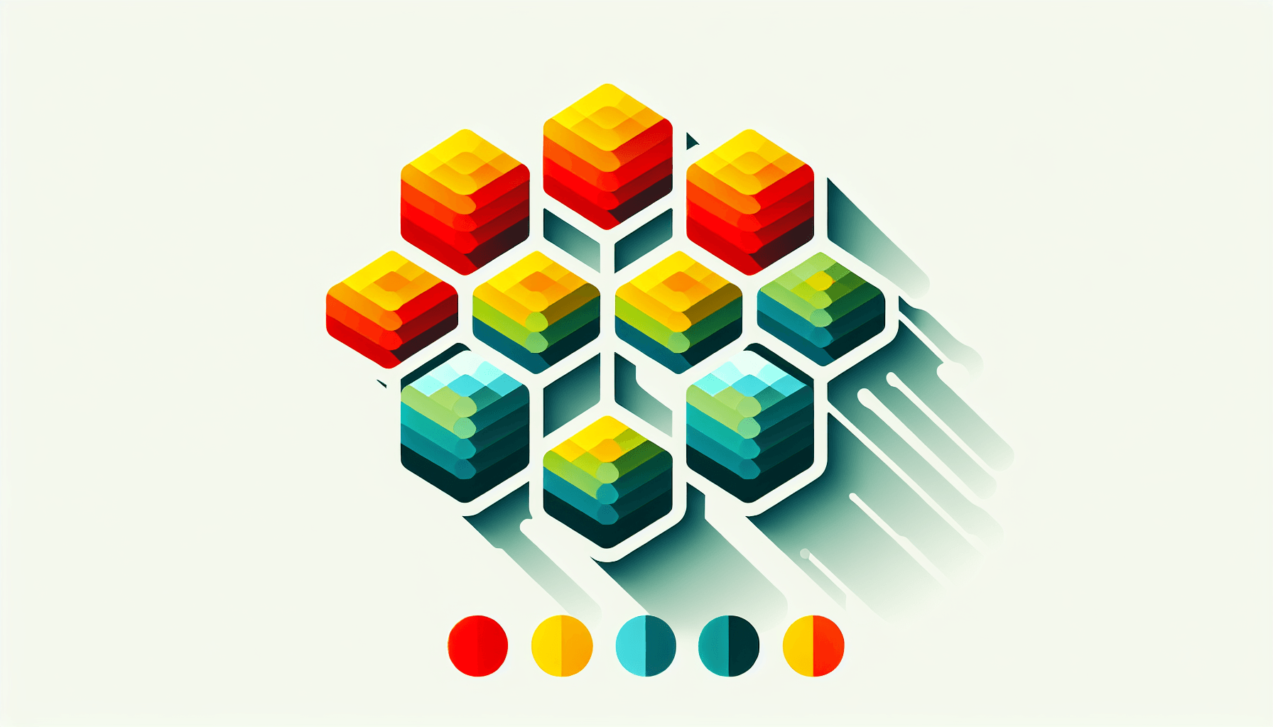 Honeycomb in flat illustration style and white background, red #f47574, green #88c7a8, yellow #fcc44b, and blue #645bc8 colors.