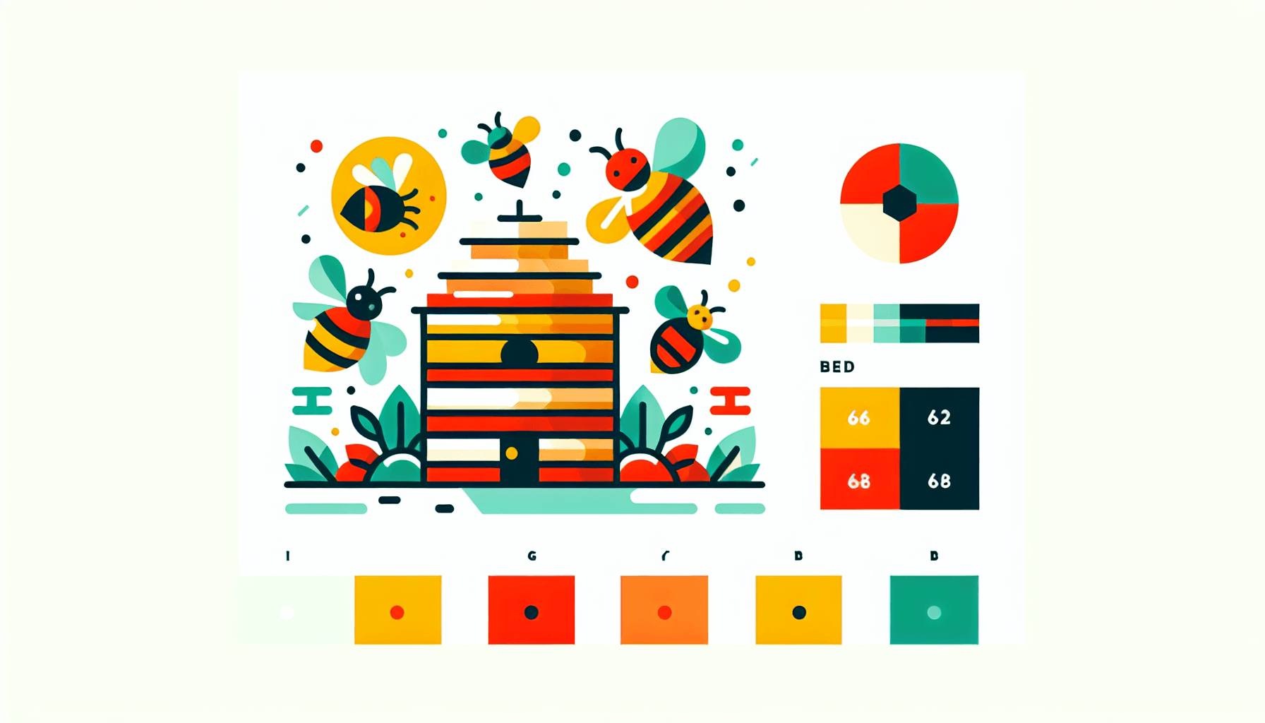 Beehive in flat illustration style and white background, red #f47574, green #88c7a8, yellow #fcc44b, and blue #645bc8 colors.