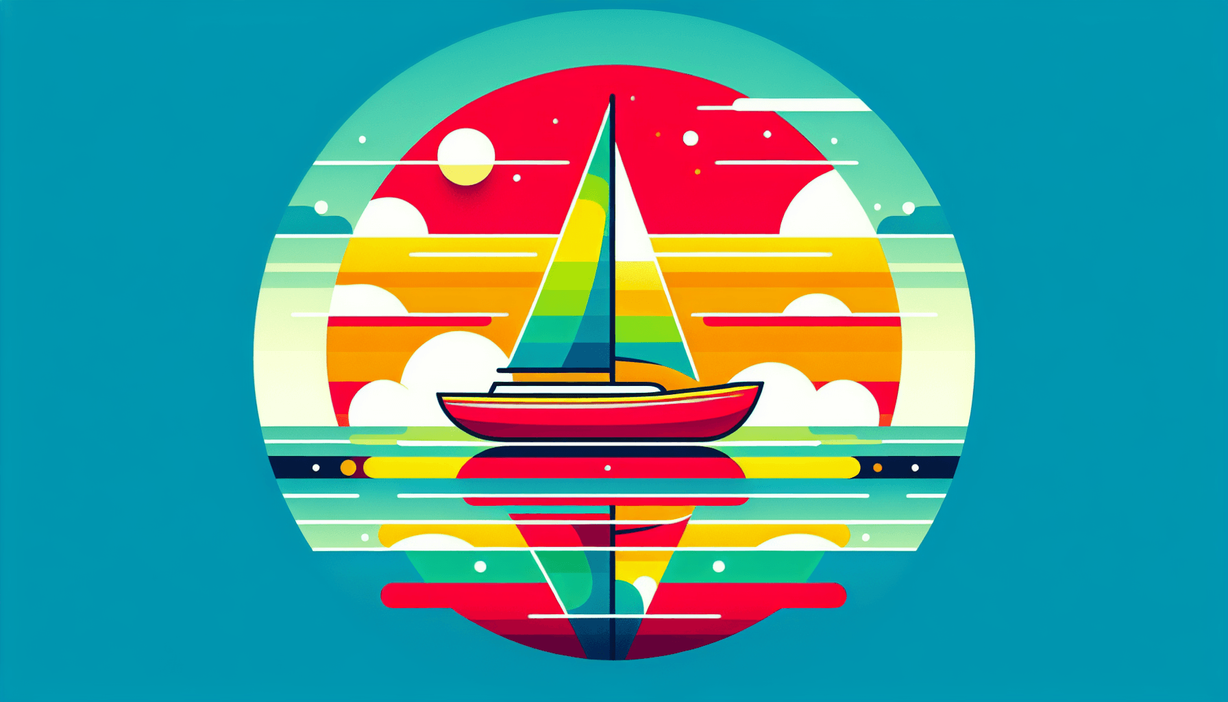 Sailboat in flat illustration style and white background, red #f47574, green #88c7a8, yellow #fcc44b, and blue #645bc8 colors.