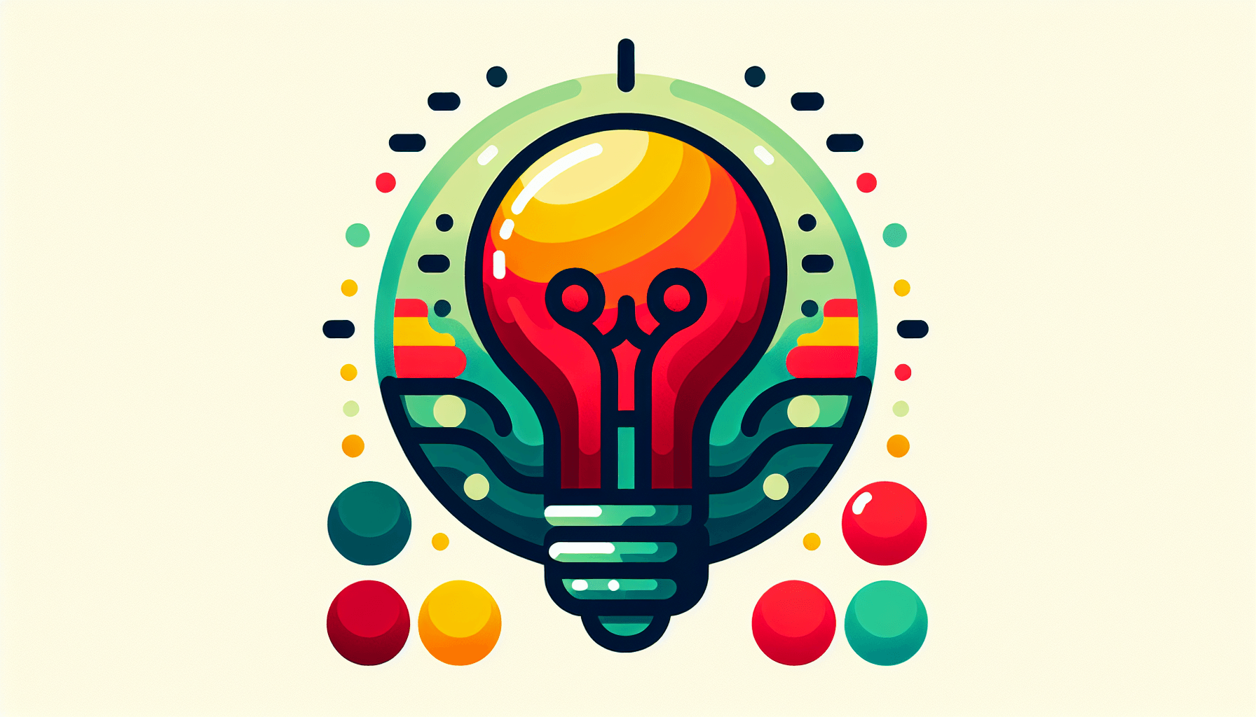 Lightbulb in flat illustration style and white background, red #f47574, green #88c7a8, yellow #fcc44b, and blue #645bc8 colors.
