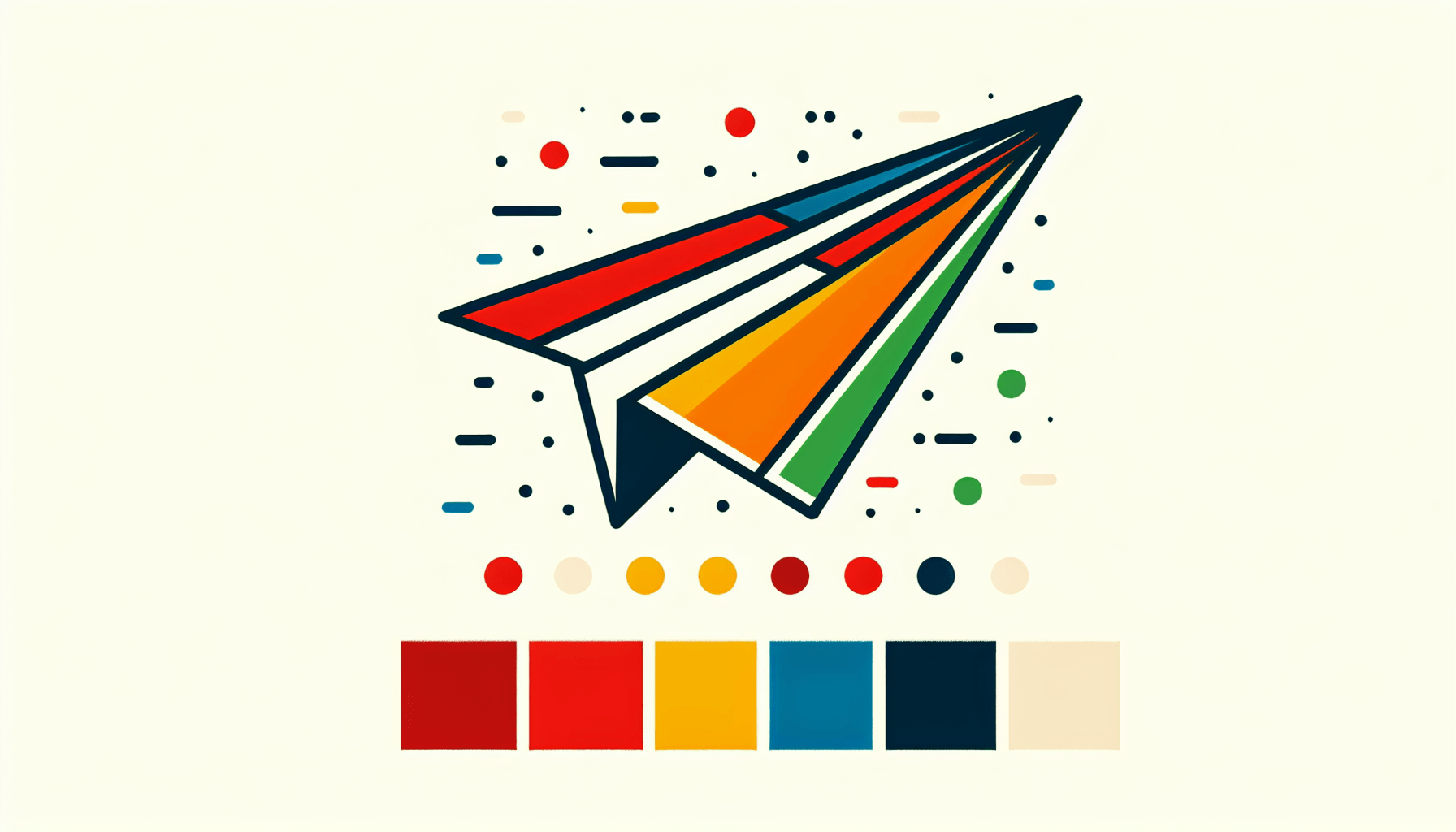 Paper plane in flat illustration style and white background, red #f47574, green #88c7a8, yellow #fcc44b, and blue #645bc8 colors.