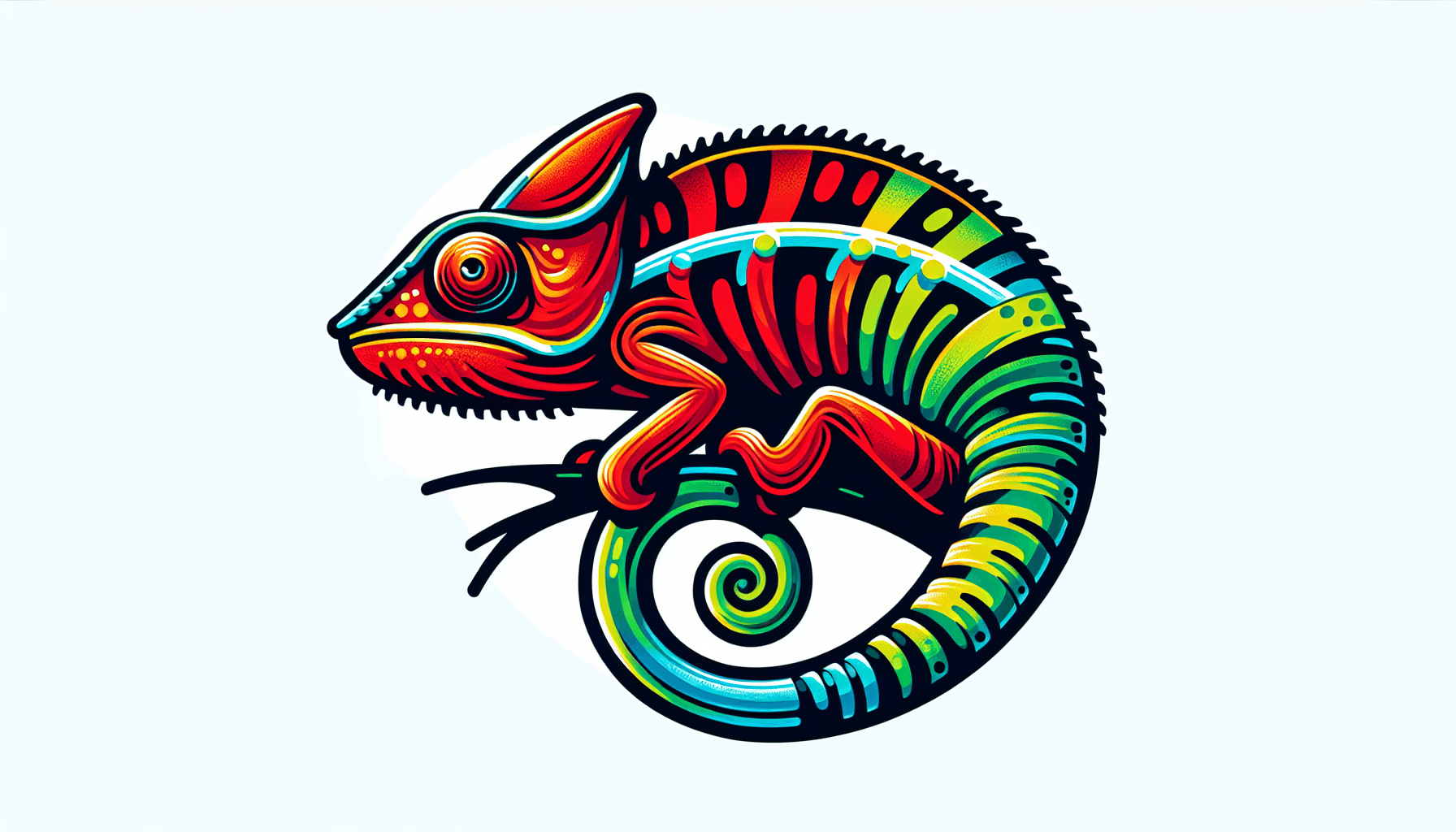 Chameleon in flat illustration style and white background, red #f47574, green #88c7a8, yellow #fcc44b, and blue #645bc8 colors.