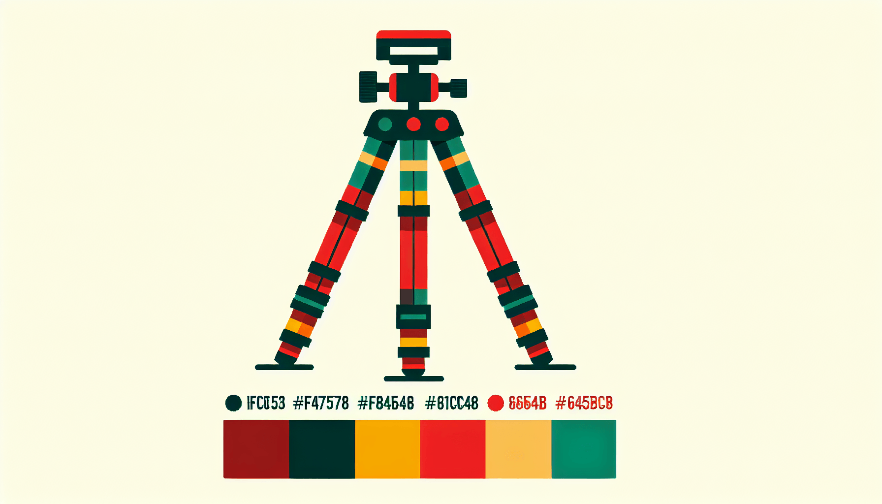Tripod in flat illustration style and white background, red #f47574, green #88c7a8, yellow #fcc44b, and blue #645bc8 colors.