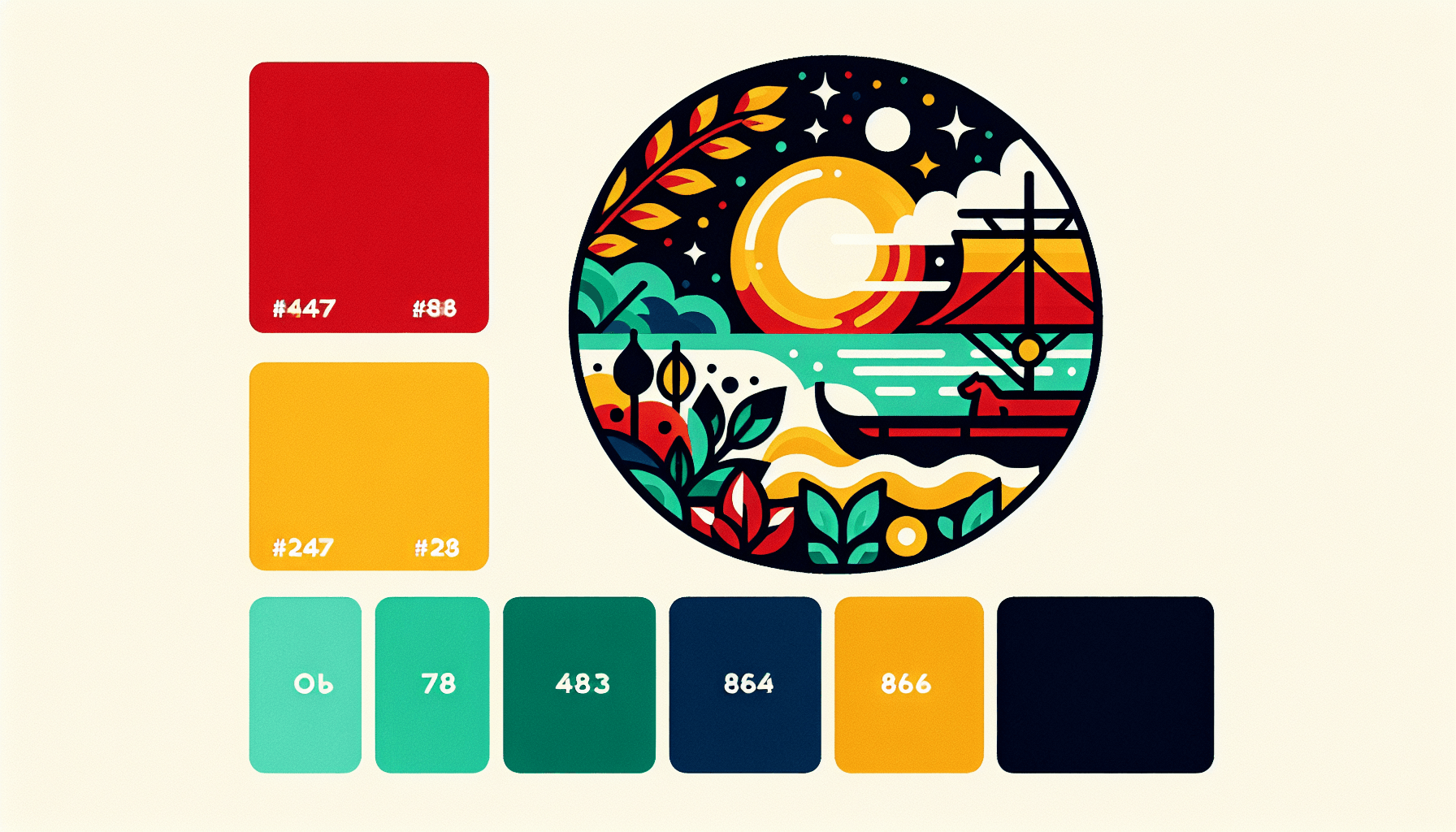 Palette in flat illustration style and white background, red #f47574, green #88c7a8, yellow #fcc44b, and blue #645bc8 colors.