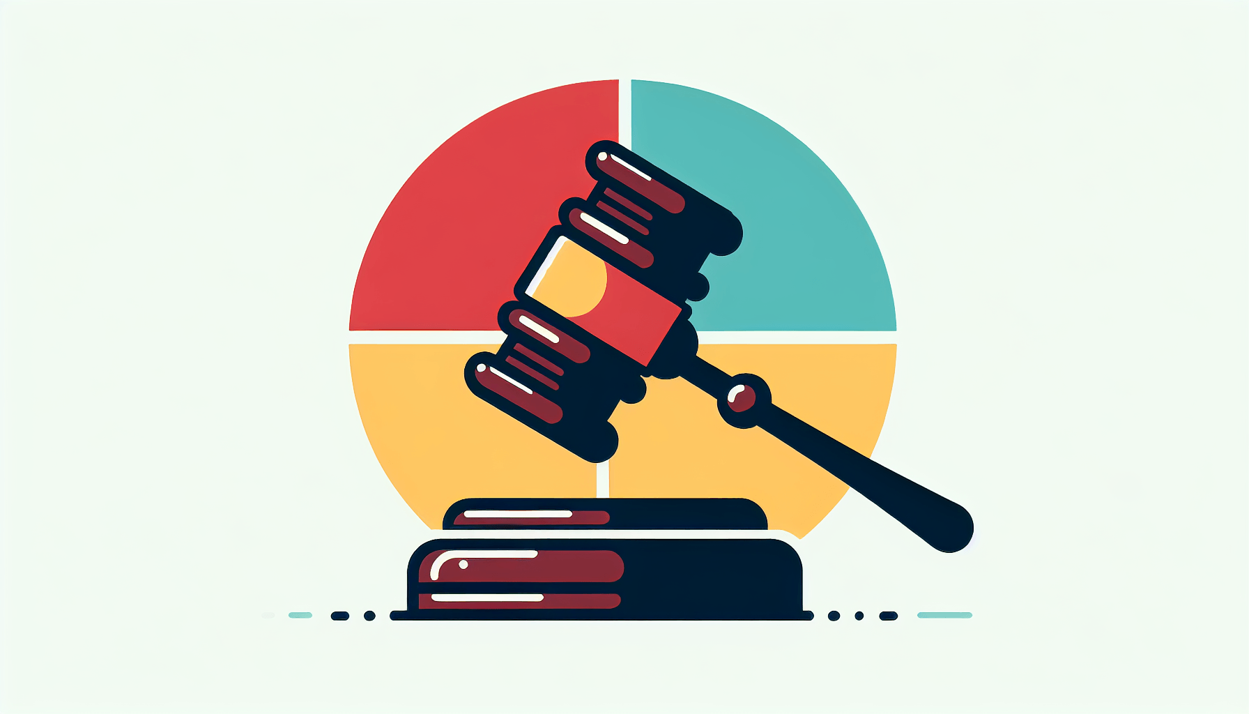 Gavel in flat illustration style and white background, red #f47574, green #88c7a8, yellow #fcc44b, and blue #645bc8 colors.