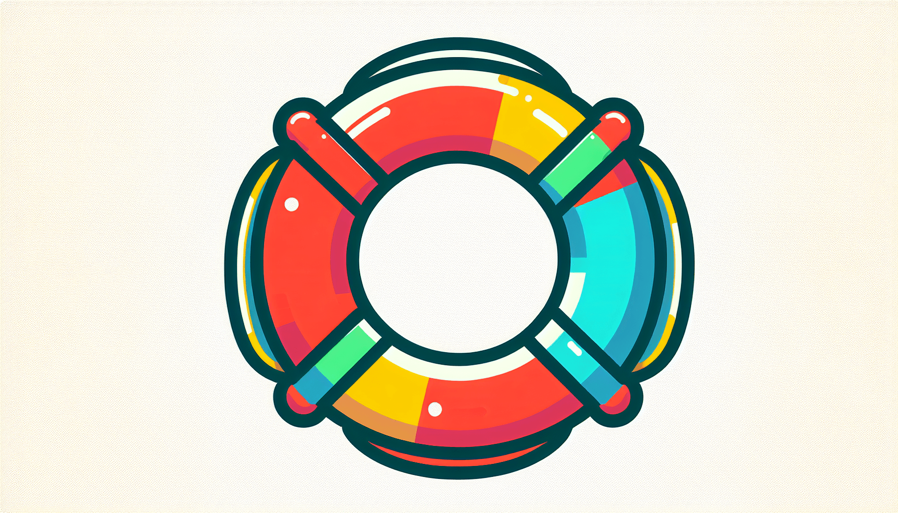 Lifebuoy in flat illustration style and white background, red #f47574, green #88c7a8, yellow #fcc44b, and blue #645bc8 colors.