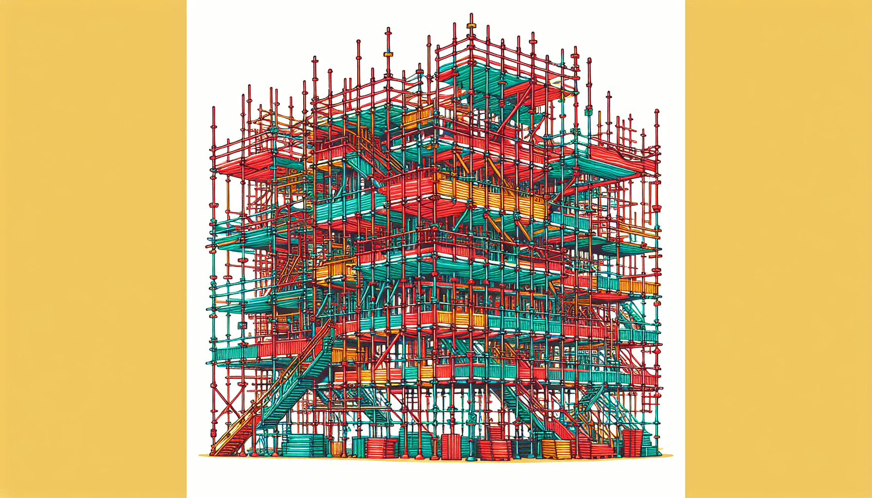 Scaffolding in flat illustration style and white background, red #f47574, green #88c7a8, yellow #fcc44b, and blue #645bc8 colors.
