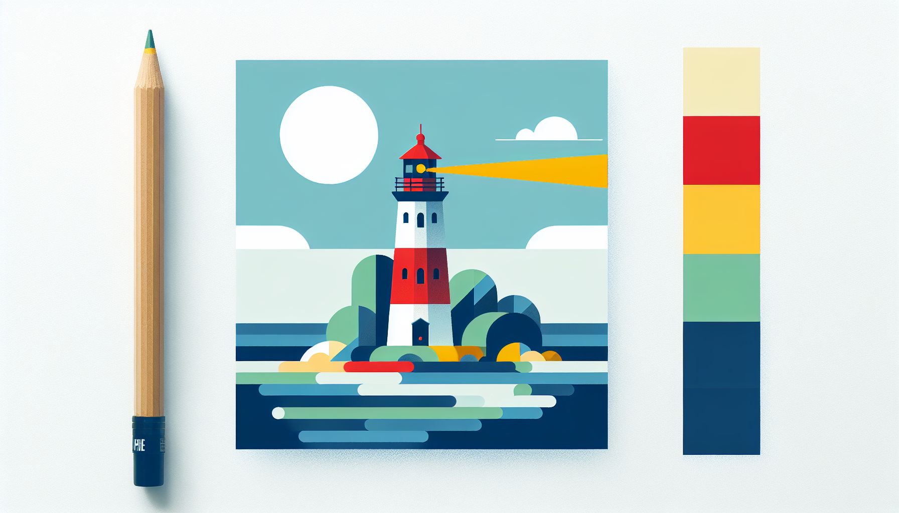 Lighthouse in flat illustration style and white background, red #f47574, green #88c7a8, yellow #fcc44b, and blue #645bc8 colors.