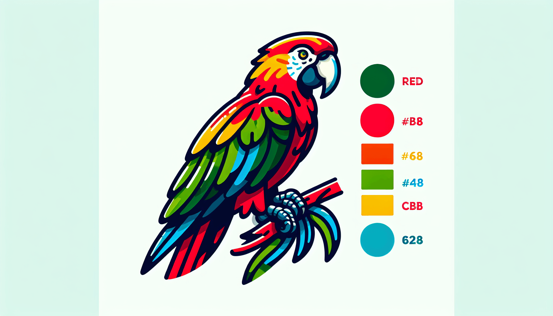 Parrot in flat illustration style and white background, red #f47574, green #88c7a8, yellow #fcc44b, and blue #645bc8 colors.