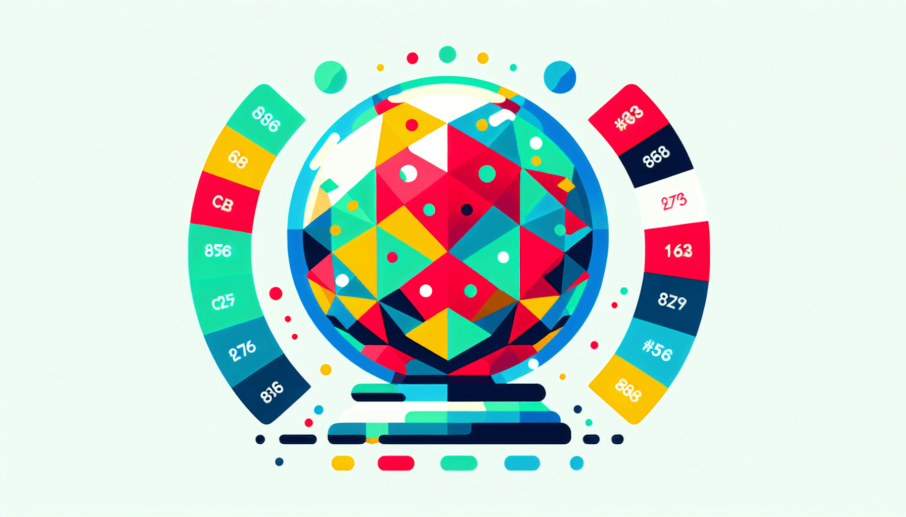 Crystal ball in flat illustration style and white background, red #f47574, green #88c7a8, yellow #fcc44b, and blue #645bc8 colors.
