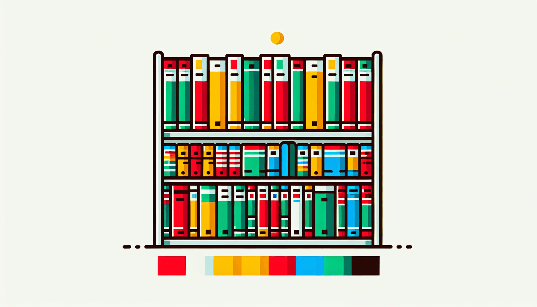 Bookshelf in flat illustration style and white background, red #f47574, green #88c7a8, yellow #fcc44b, and blue #645bc8 colors.